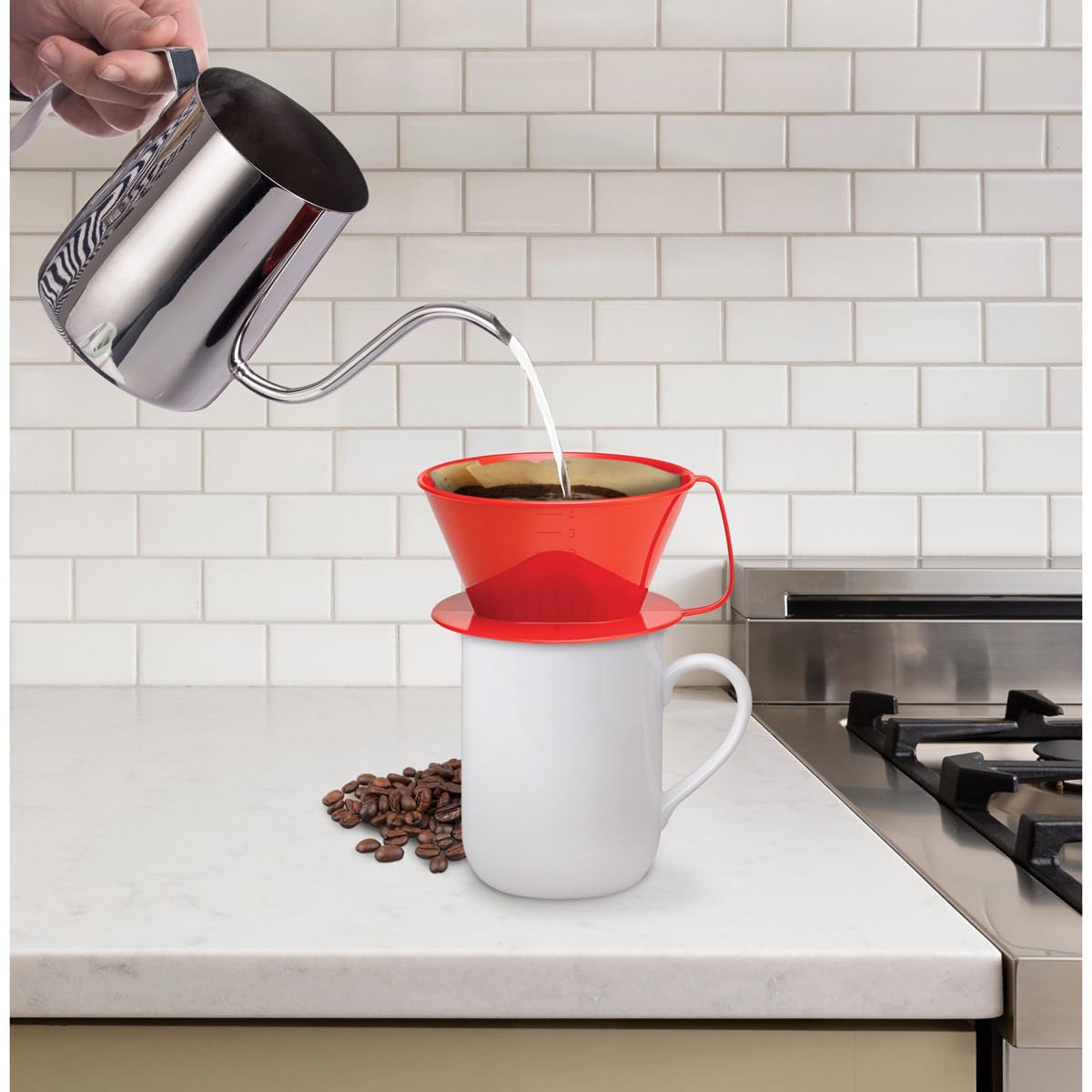 Fino Pour-Over Coffee Brewing Filter Cone, Number 4-Size, Red, Brews 8 To 12-Cups, Set Of 2