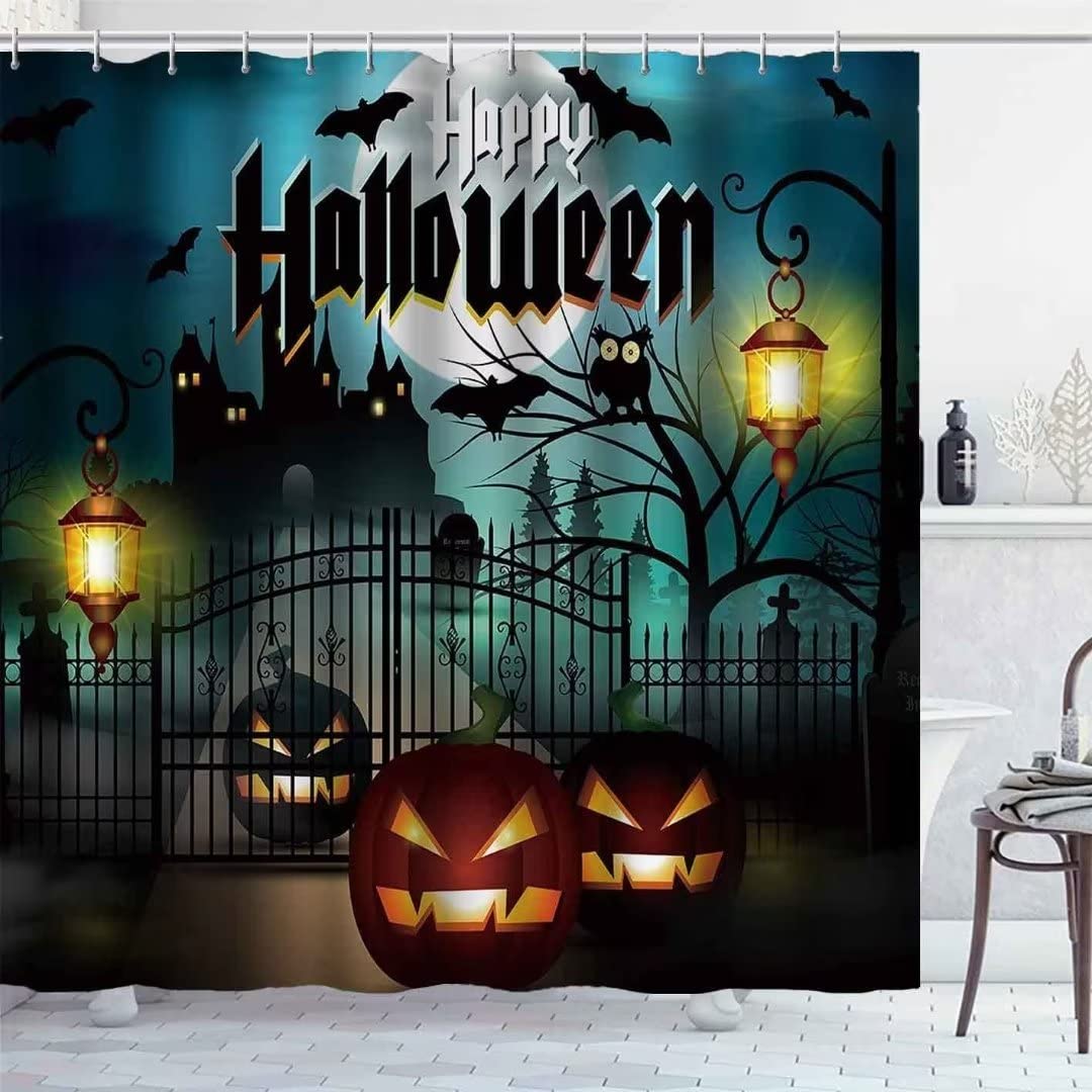 Nbvko Halloween Castle Pumpkin Waterproof Shower Curtain,With Non-Slip Rugs,Toilet Lid Cover And Bath Mat,Bathroom Shower Decor