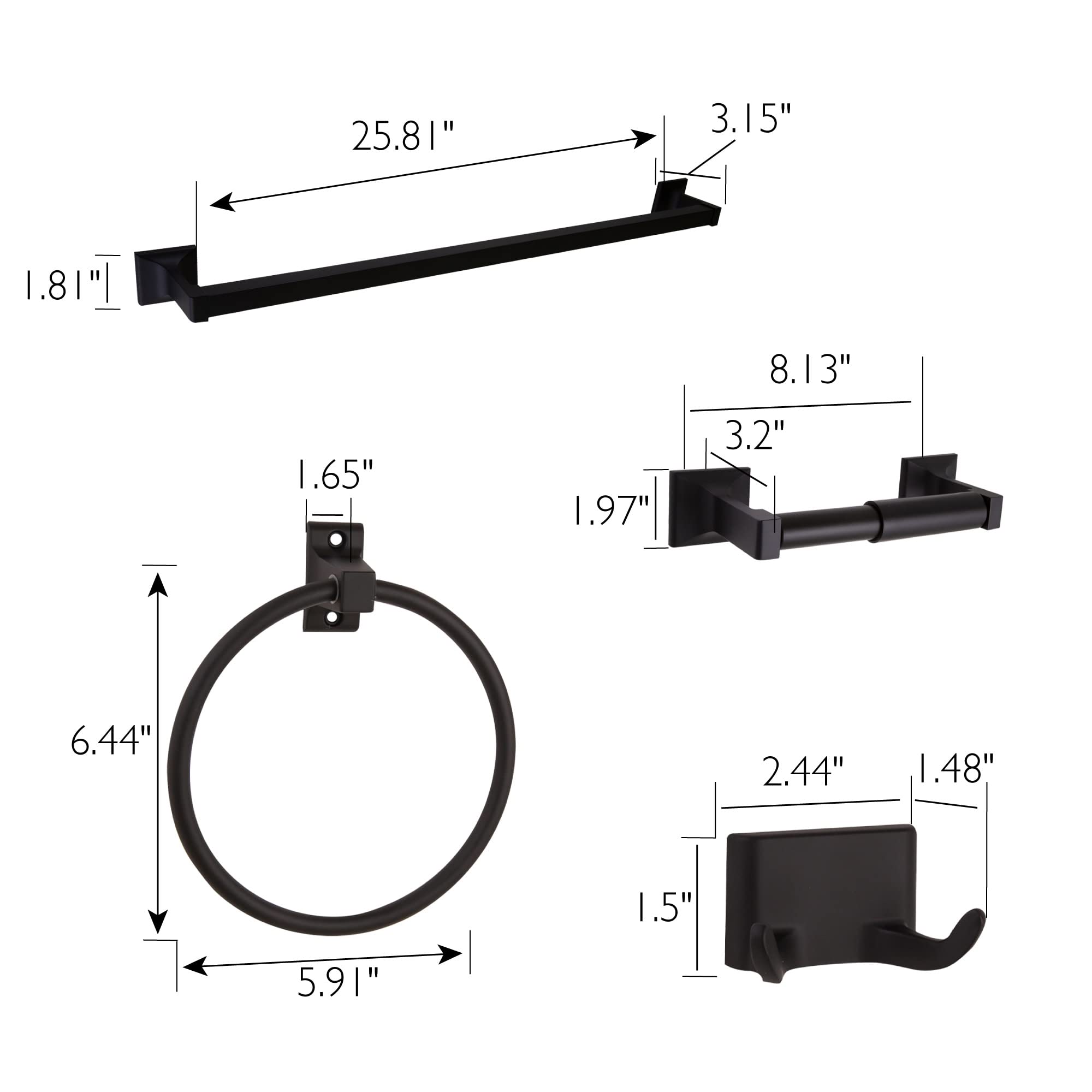 Millbridge 4-Piece Bathroom Accessory Set, Matte Black, Includes Towel Bar, Towel Ring, Toilet Paper Holder, And Robe Hook - Des