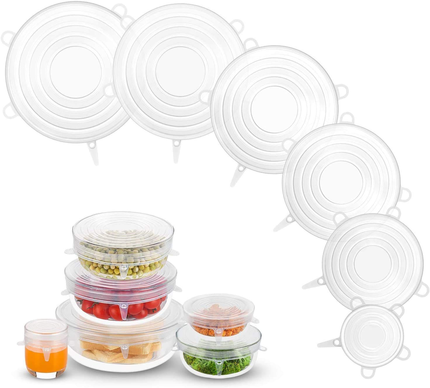 Orrda 6 Pc Microwave Safe Silicone Stretch Lids Flexible Covers for Utensils, Bowls, Dishes,Plates Jars, Cans, Mugs, Food Safety