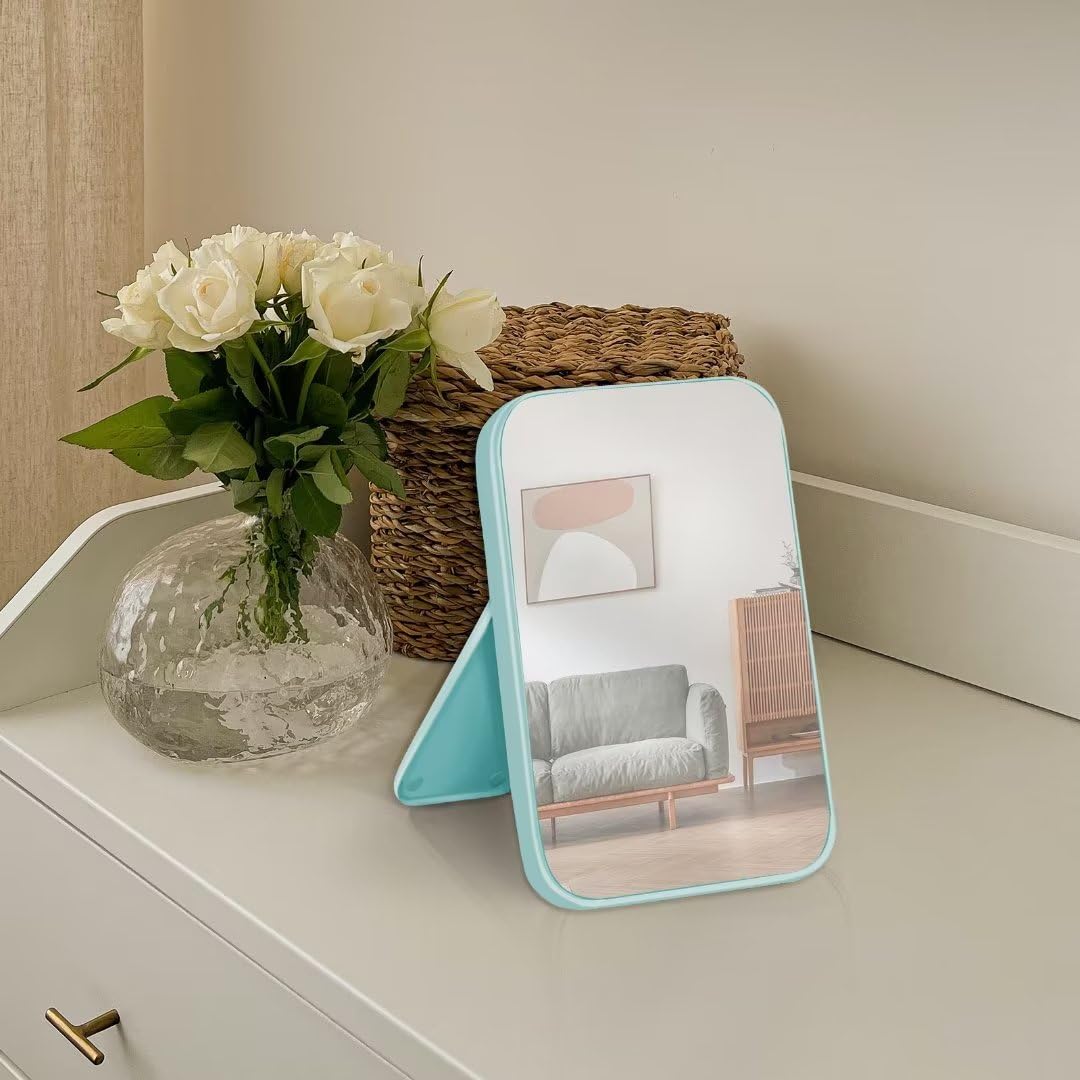 Yatnks 8-Inch Table Desk Vanity Makeup Mirror, Simple Portable Travel Mirror With Stand, Standing And Wall Hanging Dual-Use, Blu