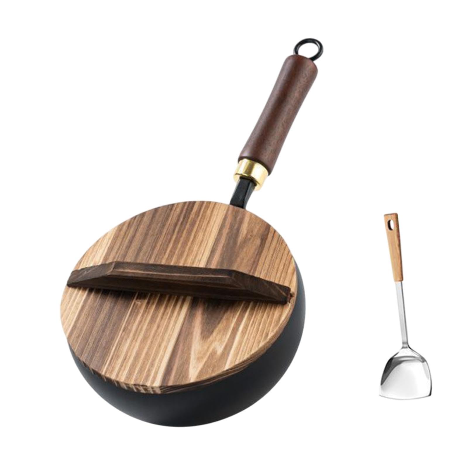 Enakshi Iron Wok Pan Easily To Clean Flat Bottom With Wooden Lid Nonstick Stir Fry Pan|Home & Garden