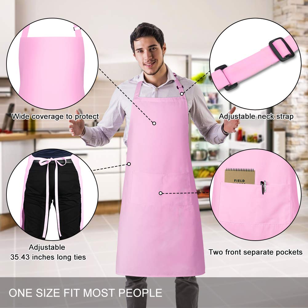 Jubatus 2 Pack Bib Aprons With 2 Pockets Cooking Chef Kitchen Apron For Women Men, Pink