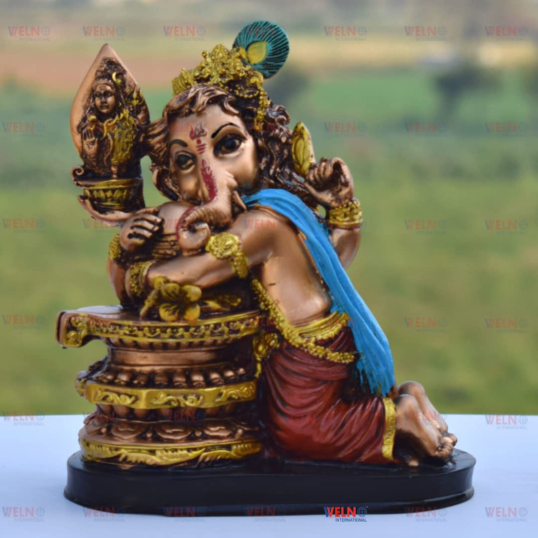 Mark India Resin Ganesha Vinayagar Statue, Antique Finish Resin Ganesh Idol/Cute Hugging Shivling Statue Ganesha/Vinayaka
