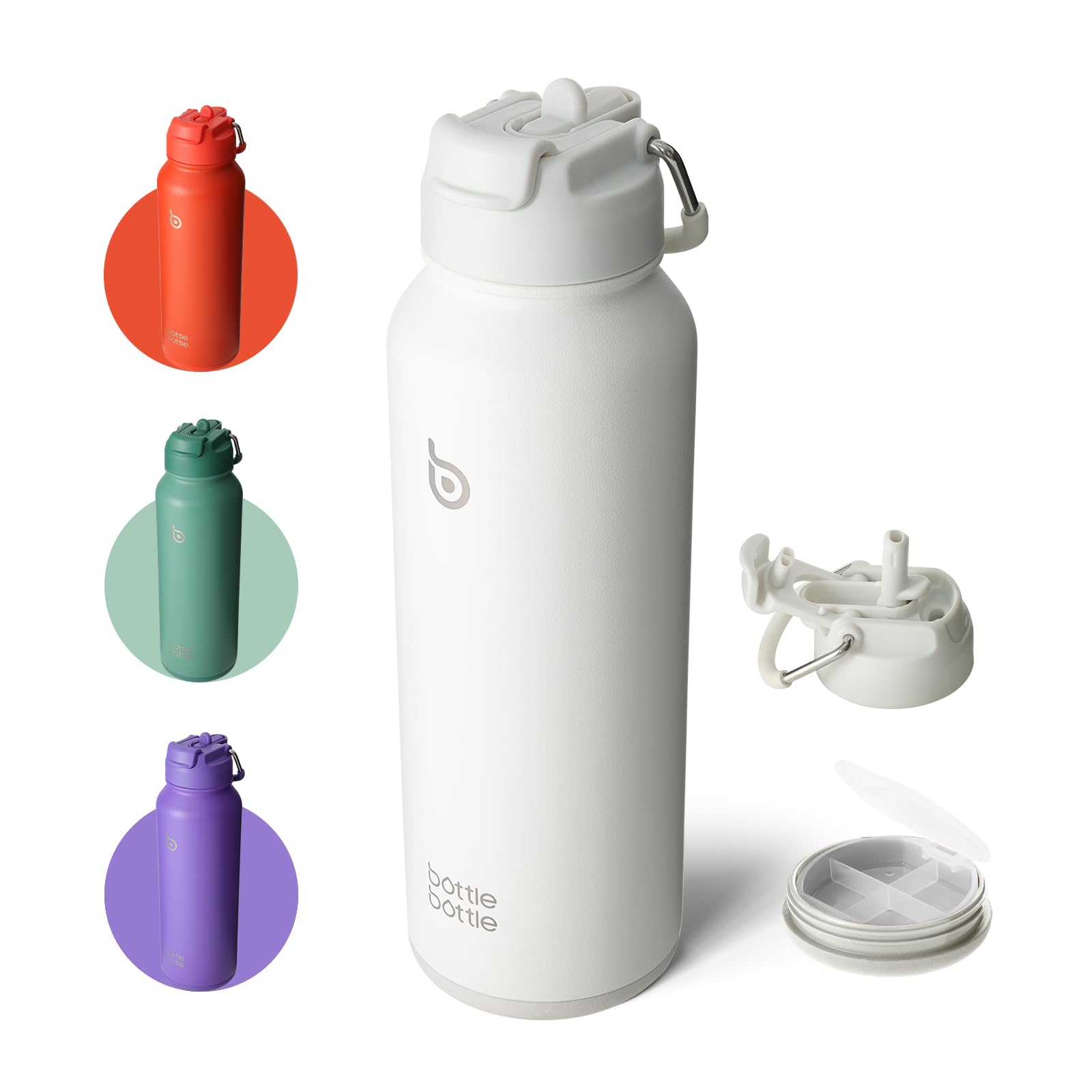 BOTTLE BOTTLE 40 oz sports water bottle stainless steel insulated water bottle with straw and pills holder (white)