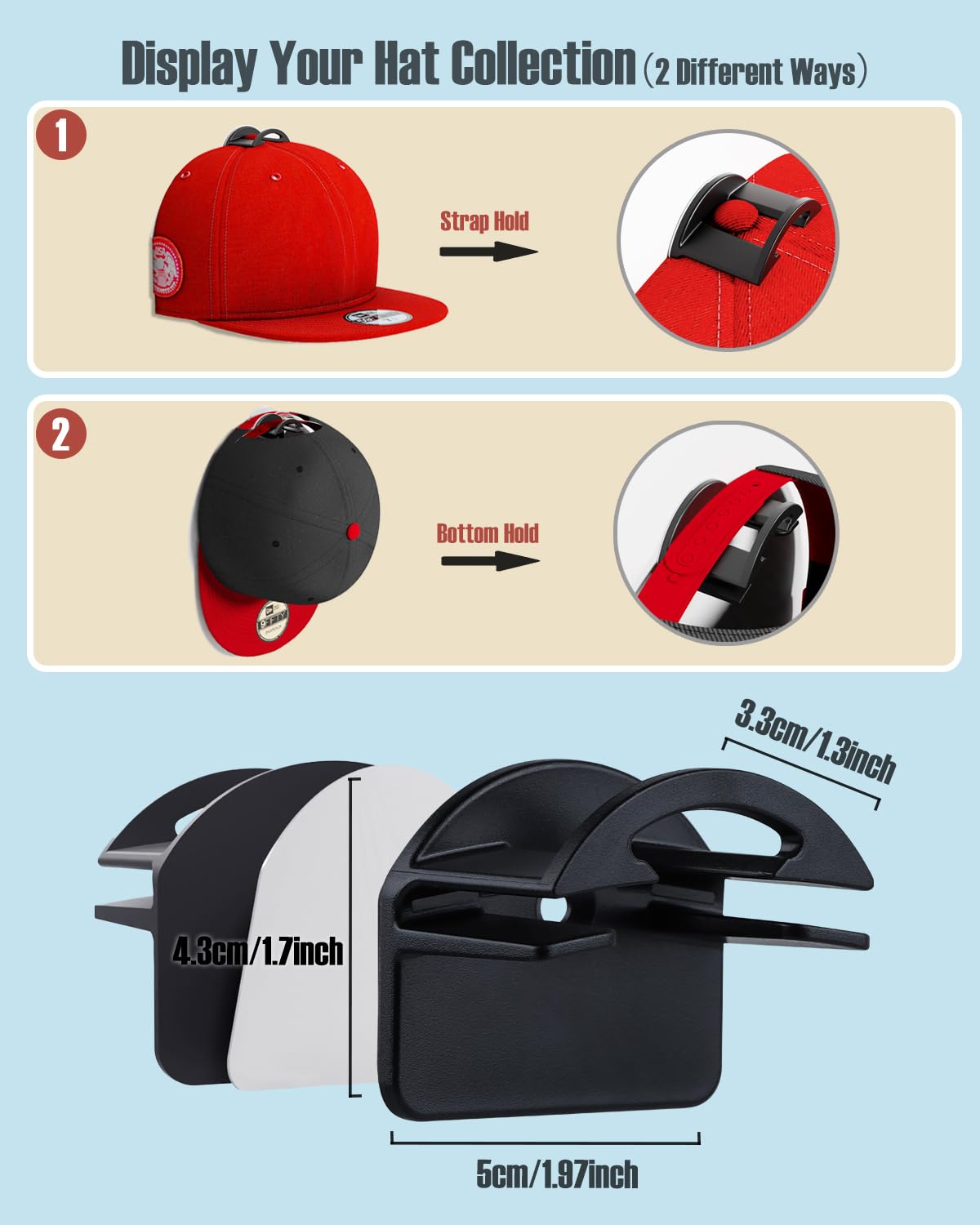 Mskei Adhesive Hat Hooks For Wall - 2 Different Ways Hat Racks To Organize & Display Baseball Caps, Hat Wall Hanger, Hat Organiz