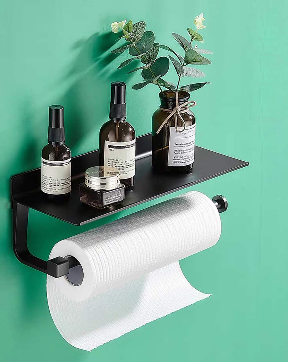 Missmin Black Paper Towel Holder With Shelf,Wall Mount Organizer Storage For Kitchen Shower Bathroom