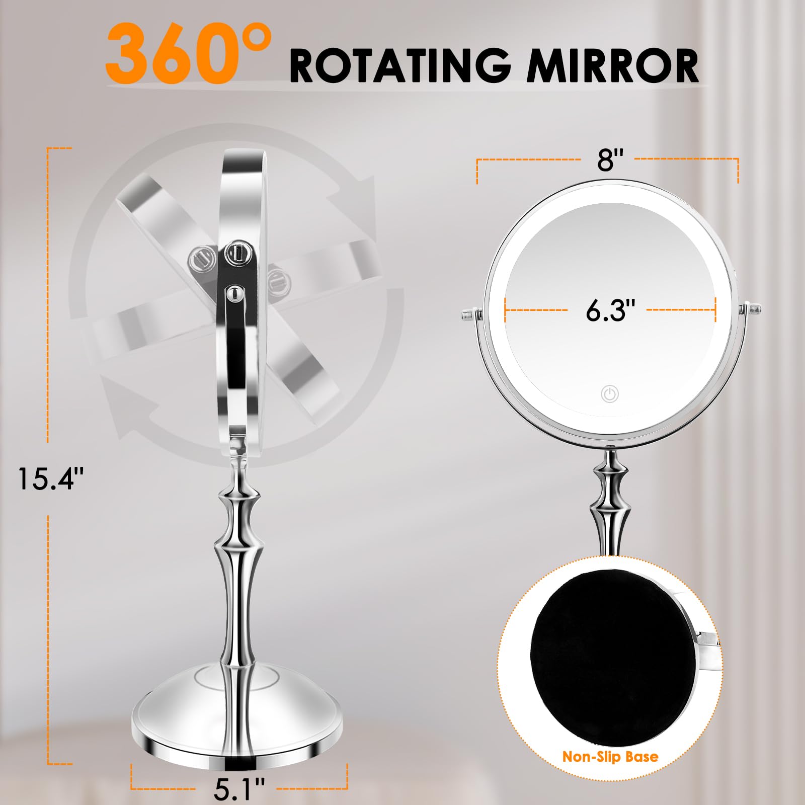 Large Lighted Makeup Mirror, 8'' Rechargeable Vanity Mirror With 3 Color Lights, 1X/10X Magnifying Mirror, 360 Rotation Double S