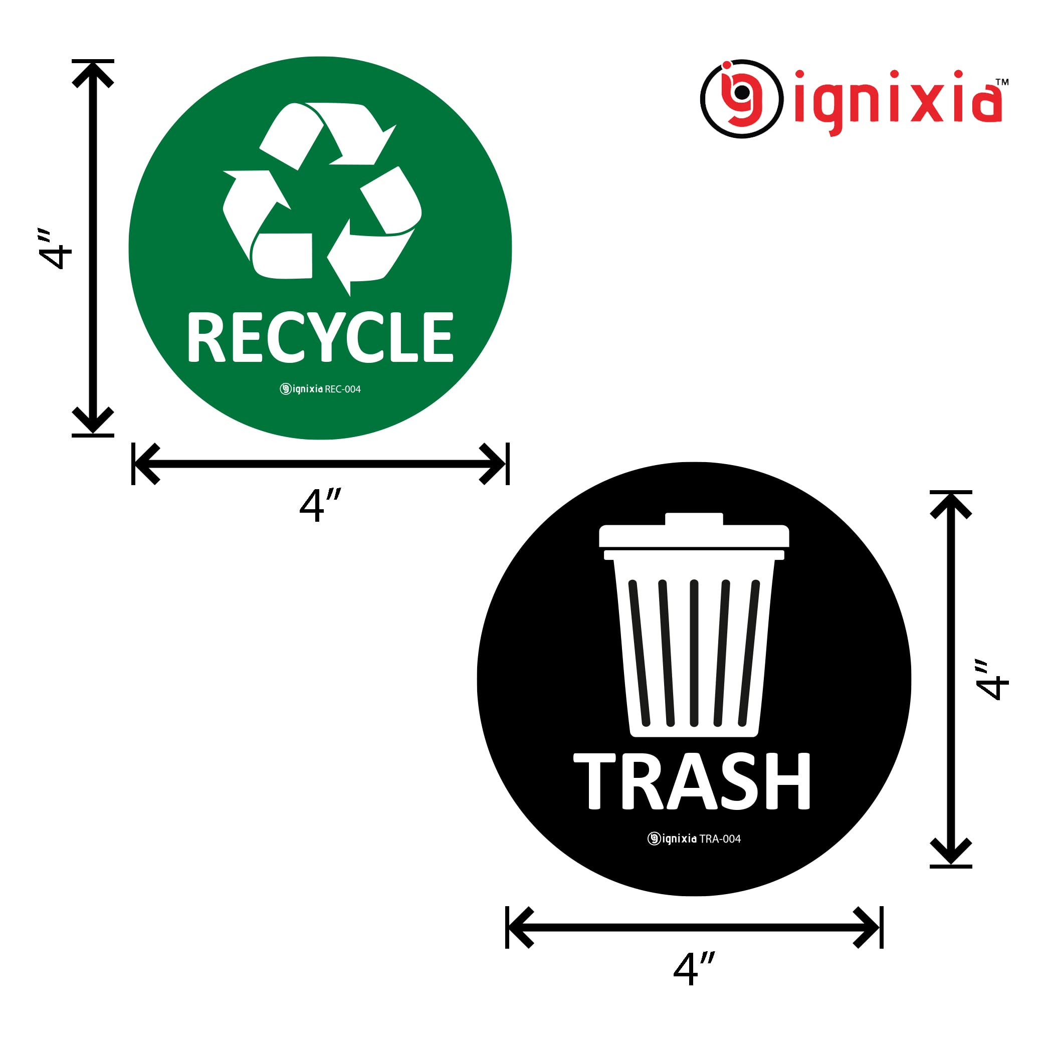 Ignixia (Pack Of 04) Recycle & Trash Stickers Indoor & Outdoor Trash Bin Decals Recycle & Trash Symbols Sticker 4 X 4 Inches Sel