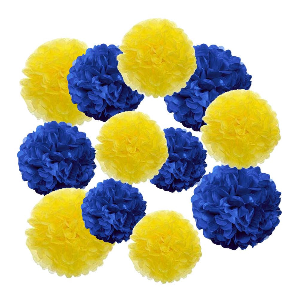 Blue And Yellow Paper Pom Poms,Blue Yellow Tissue Pom Poms Hanging Decorations,Blue Yellow Party Decorations(12 Pcs)