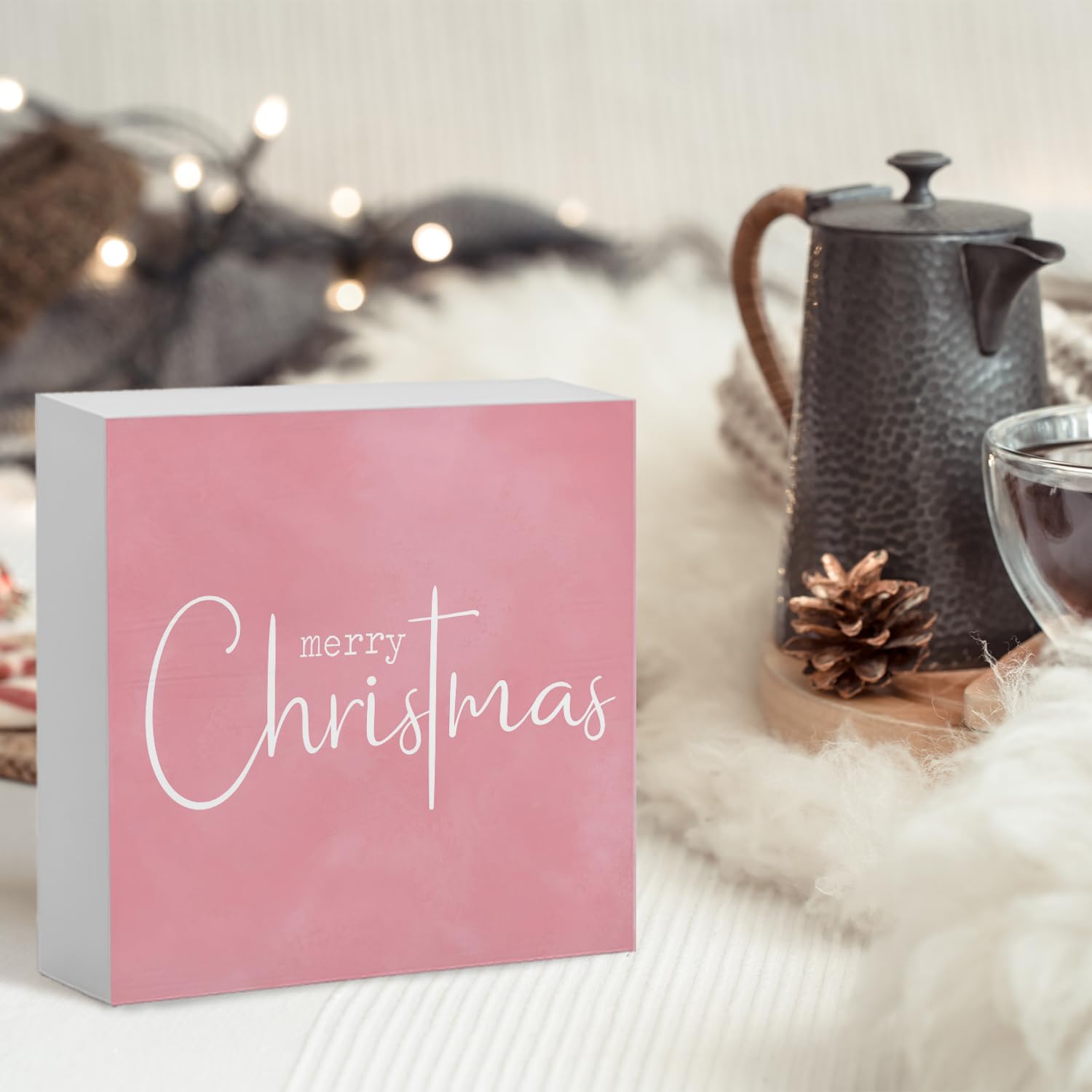 FLVGE Pink Christmas Decor, Pink Christmas Decorations for Home, Merry Christmas Wooden Box Sign Decor, Xmas Holiday Home Decor