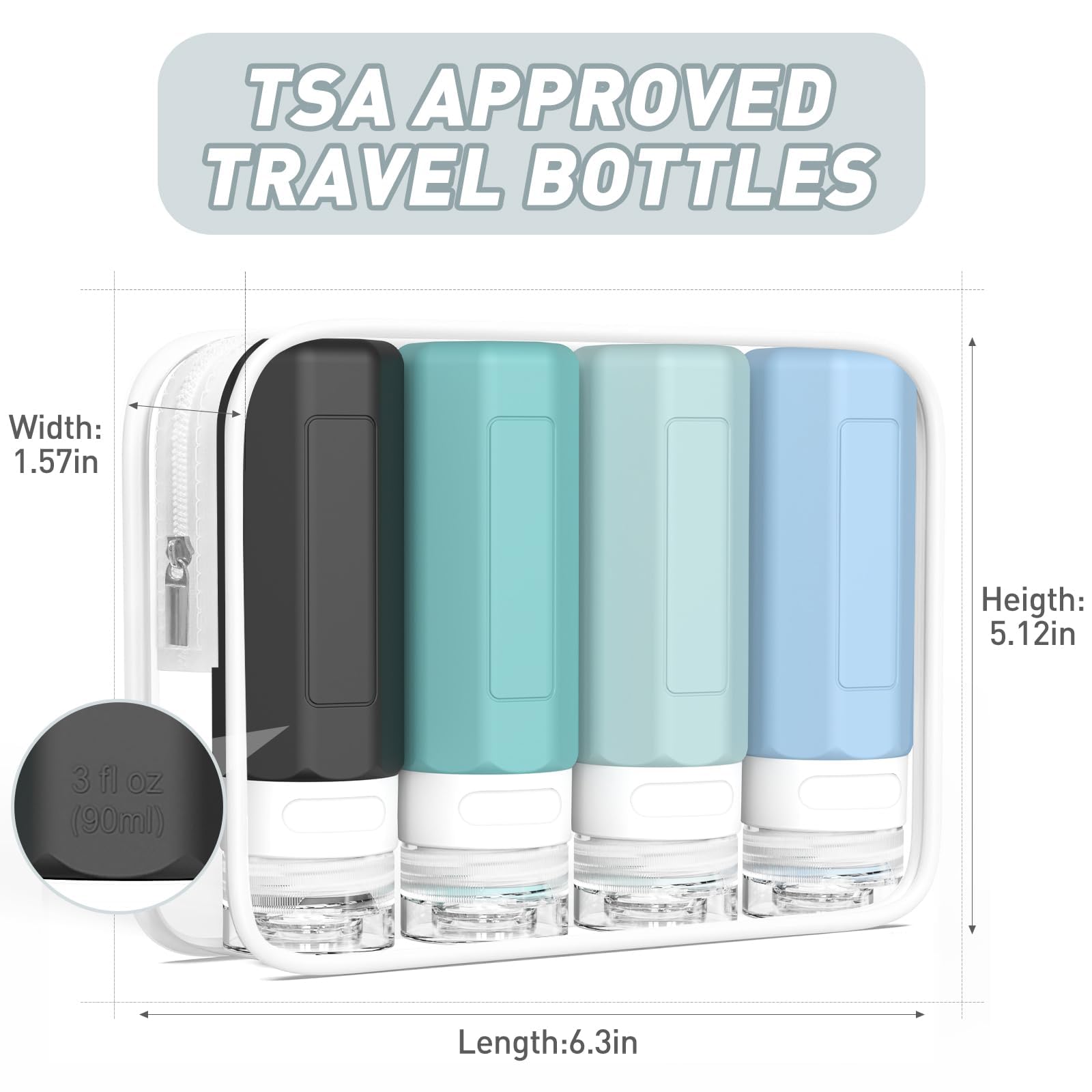 Redfly Travel Bottles For Toiletries, Tsa Approved 3Oz Travel Size Containers, Leak Proof Silicone Travel Containers For Toiletr