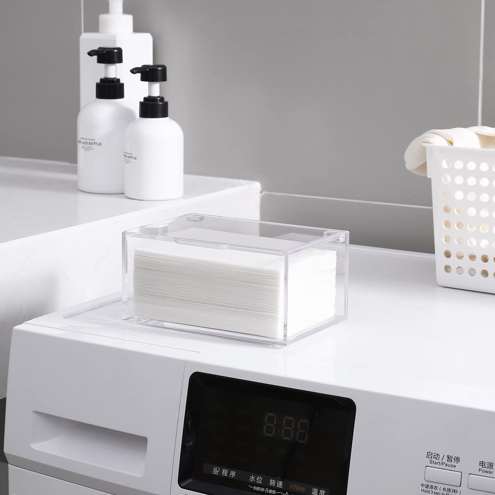 Rejomiik Acrylic Dryer Sheet Holder Clear Dryer Sheet Dispenser Container Box With Lid And Anti Scratch Film For Laundry Room Fa