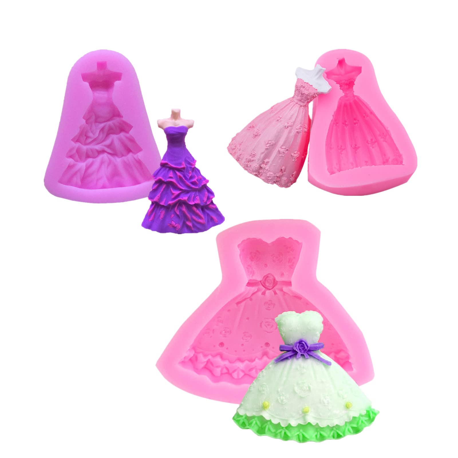 3Pcs Wedding Dress Skirt Silicone Molds For Wedding Sugarcraft Cake Decoration, Fondant, Chocolate, Candy, Biscuit, Cookies,Poly