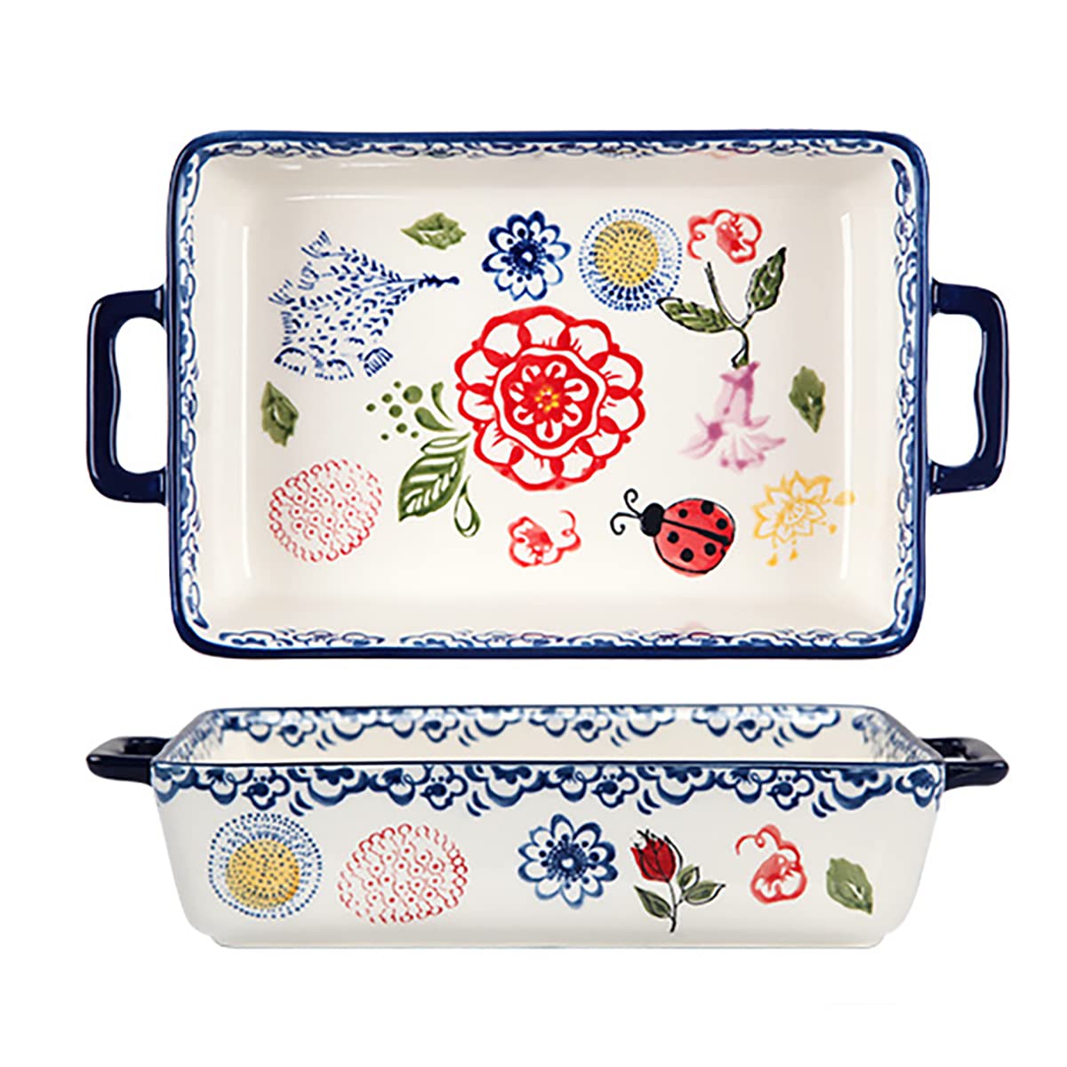 Bicuzat Vintage Style Flower and Butterfly Ladybug Pattern Bakeware Ceramic Casserole Dish Baking Pan Lasagna Pans Baking Dish w