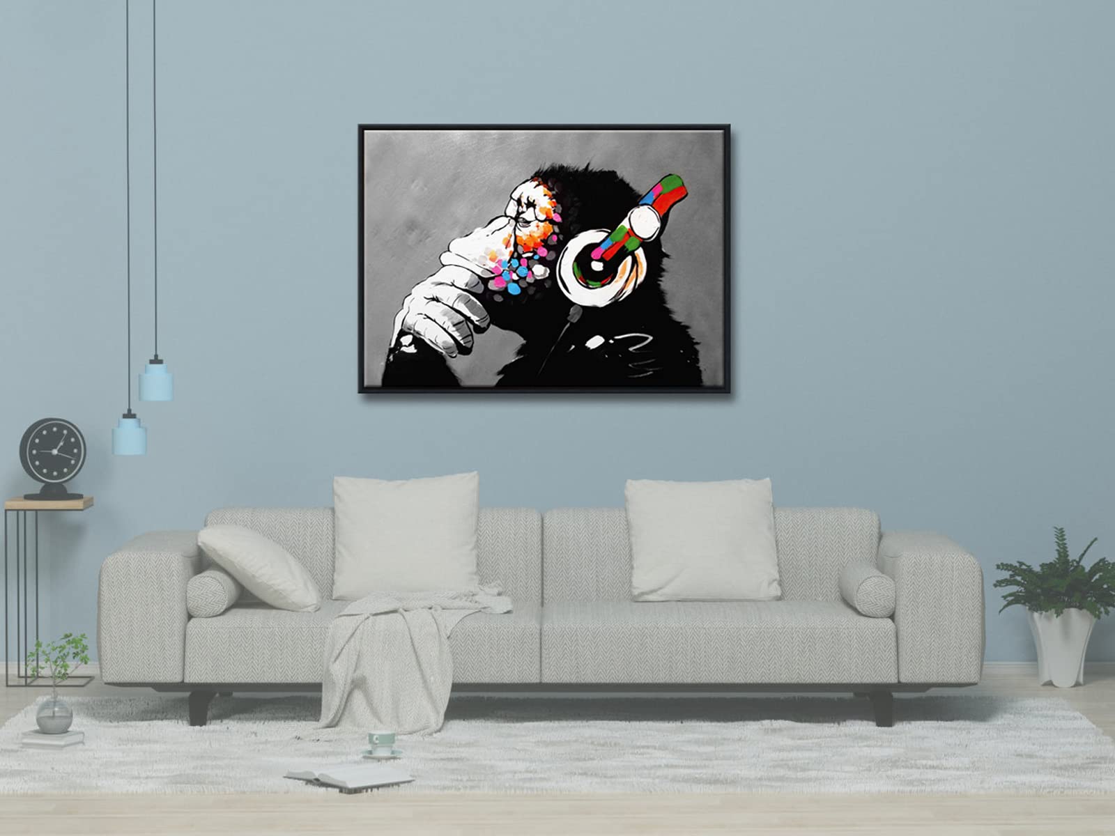 Wieco Art Black Framed Monkey With Headphones Banksy Graffiti Art Abstract Canvas Painting Posters And Prints Animal Canvas Wall