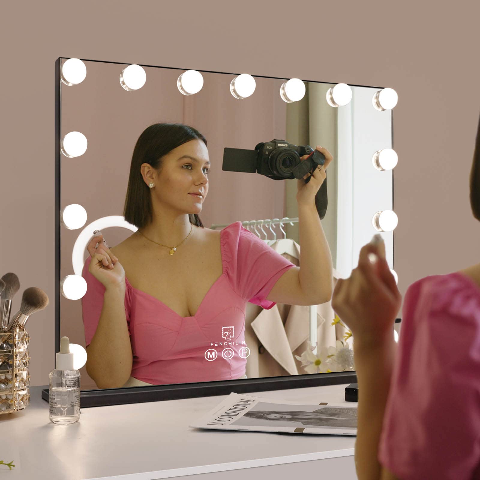 FENCHILIN Vanity Mirror with Lights Hollywood Lighted Mirror with Dimmer Bulbs Tabletop or Wall Mounted Vanity Makeup Mirror Smart Touch Control (Black)