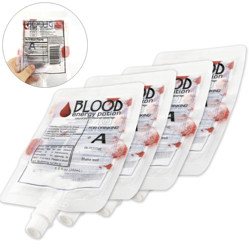 Nexxxi 20 Pack Halloween Blood Bags Reusable Food Grade Bags 8.5Oz With Cap For Drinks Halloween Party Favors, Nurses Day Party