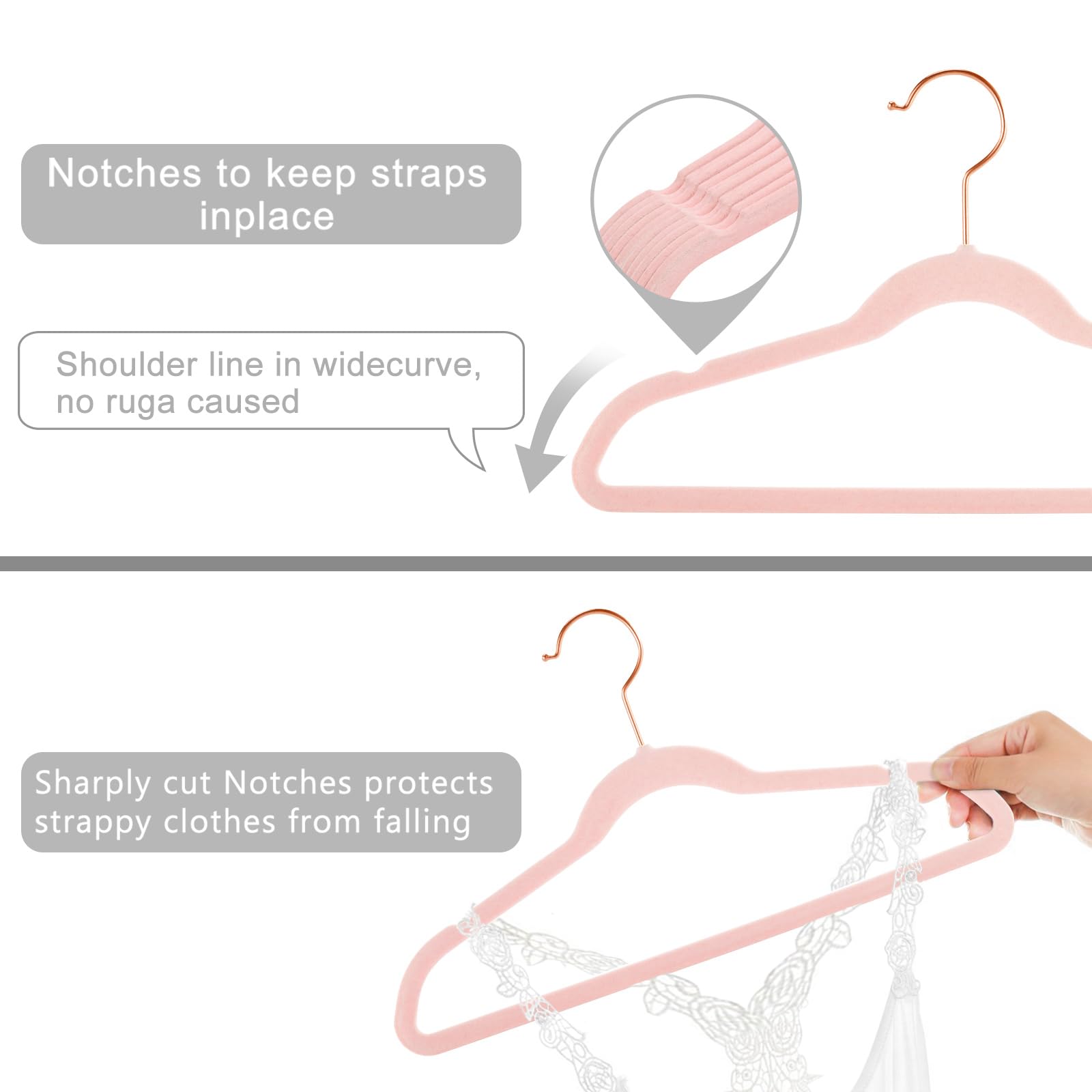 Mizgi Premium Kids Velvet Hangers (Pack Of 50) 14'' Wide With Copper Rose Gold Hooks,Space Saving,Nonslip Huggable Closet Hanger