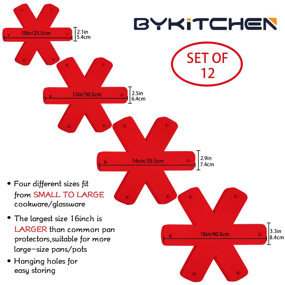 Pot Pan Protectors, Set Of 12 And 4 Different Sizes, Larger & Thicker Red Pan Protector Pads, Pan Pot Separator Pads For Stackin