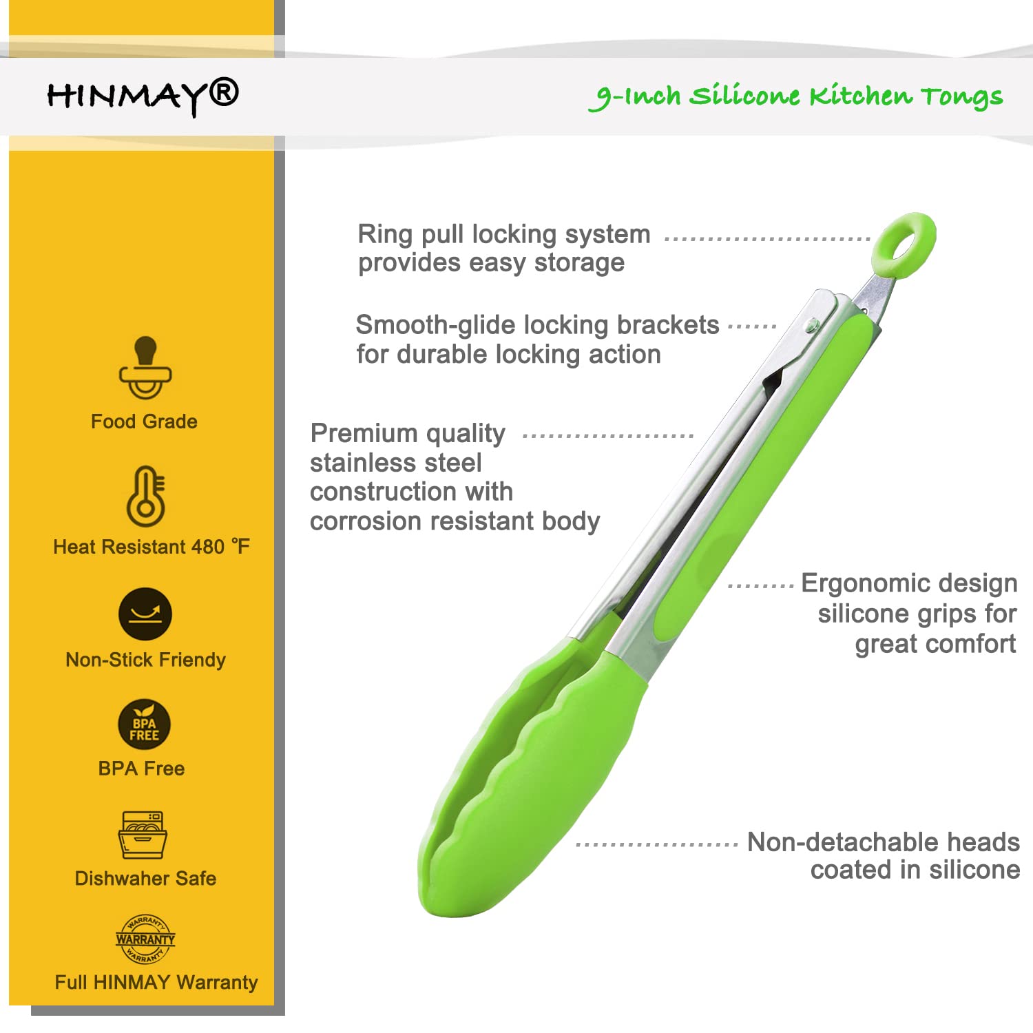 Hinmay Silicone Tongs 9-Inch Stainless Steel Locking Kitchen Tongs, Set Of 3 (Green)