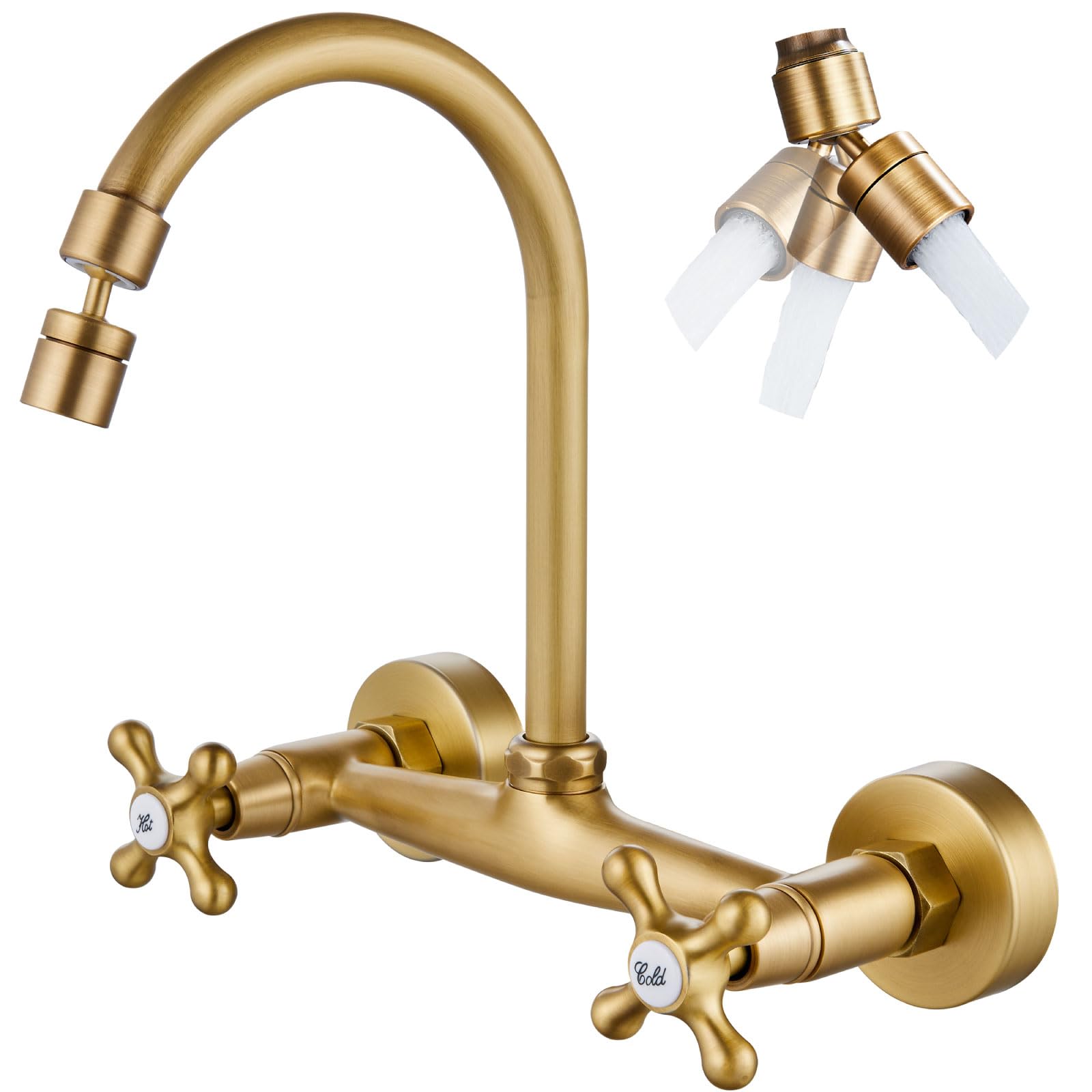 Airuida Antique Brass Wall Mount Kitchen Sink Faucet Wall Mounted Kitchen Faucet 8 Inch Center Double Cross Handles 360 Degree Swivel Spout Restaurant Utility Laundry Mixer Tap Commercial