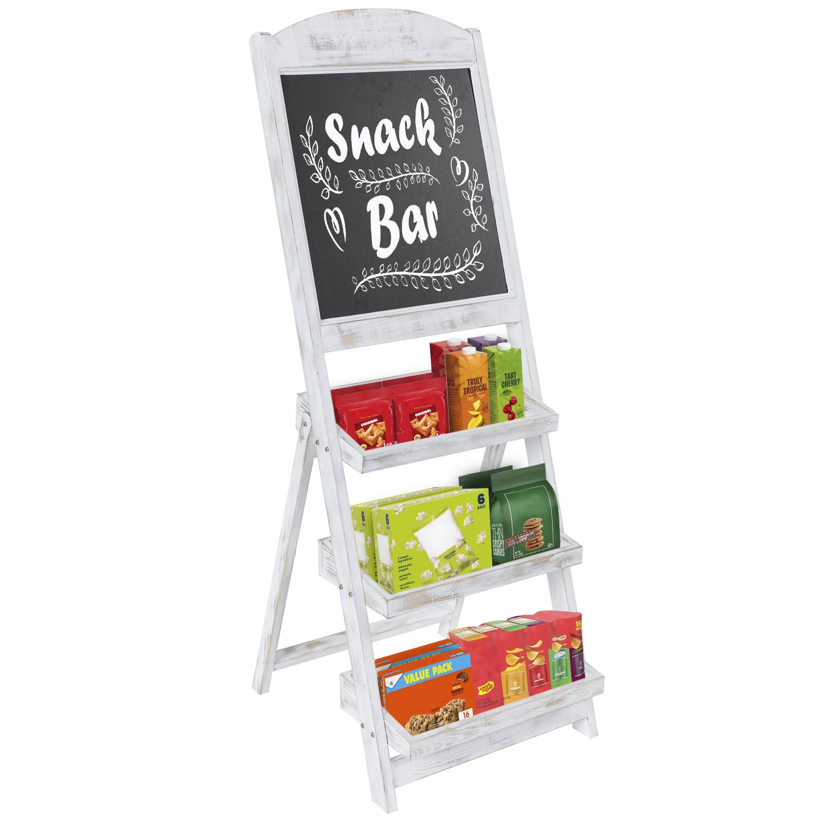 MyGift Shabby Whitewashed Wood Freestanding Chalkboard Easel with 3-Tiered Display Shelves, Decorative Chalkboard Plant Shelf St