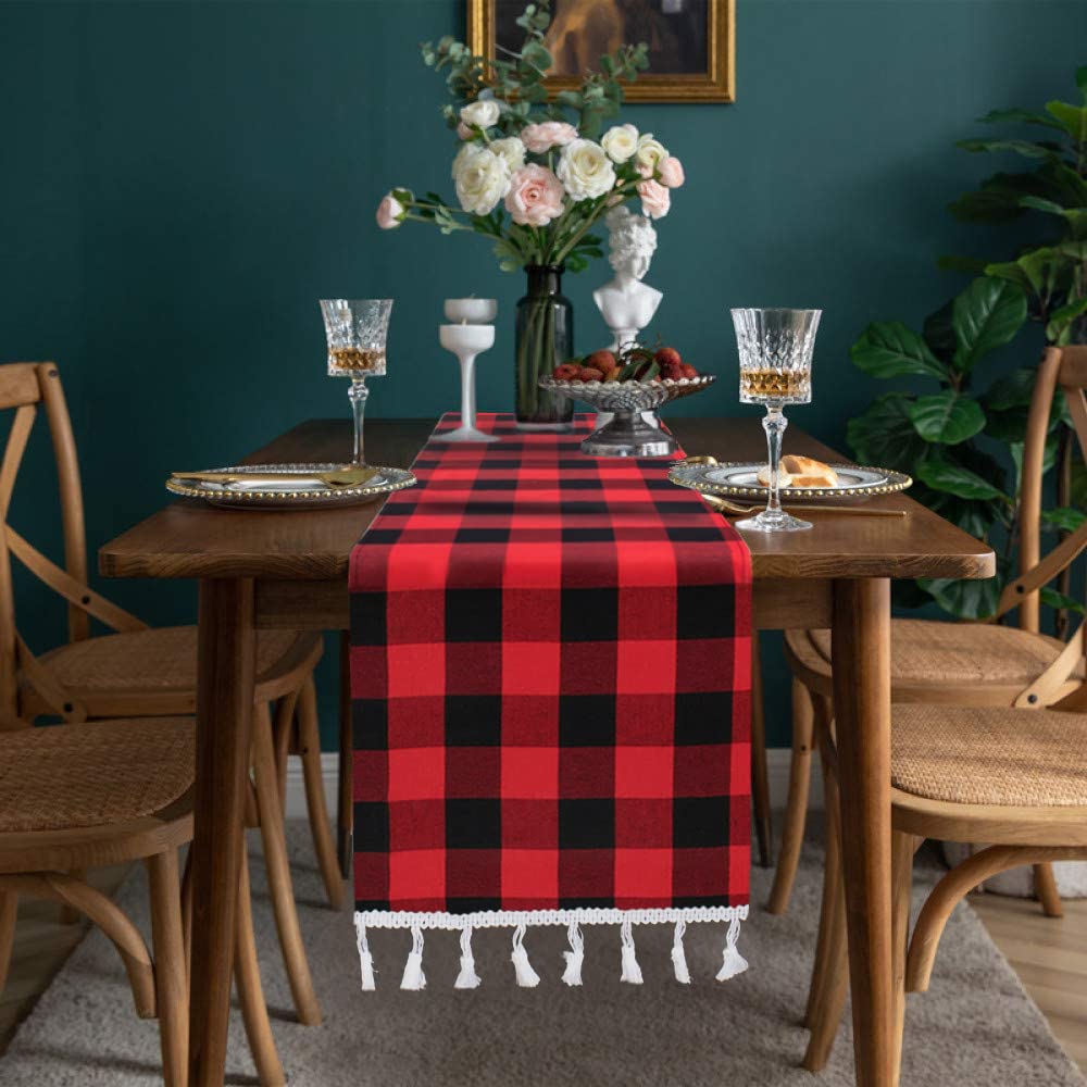 Duobao Buffalo Check Table Runner 108 Inches Tassel Plaid Tablecloth Runners Black Checkered Fabric 14X108-Inch Red Gingham Farm
