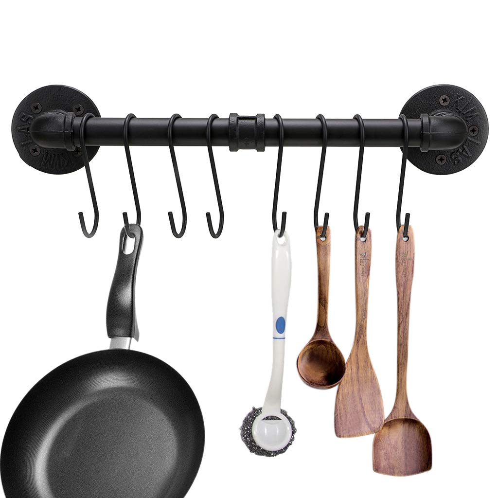 Sumnacon 16 Inch Industrial Pipe Pan Pot Rack With 8-Hooks, Wall Mounted Metal Rail Kitchen Utensil Pot Pan Lid Storage Organize
