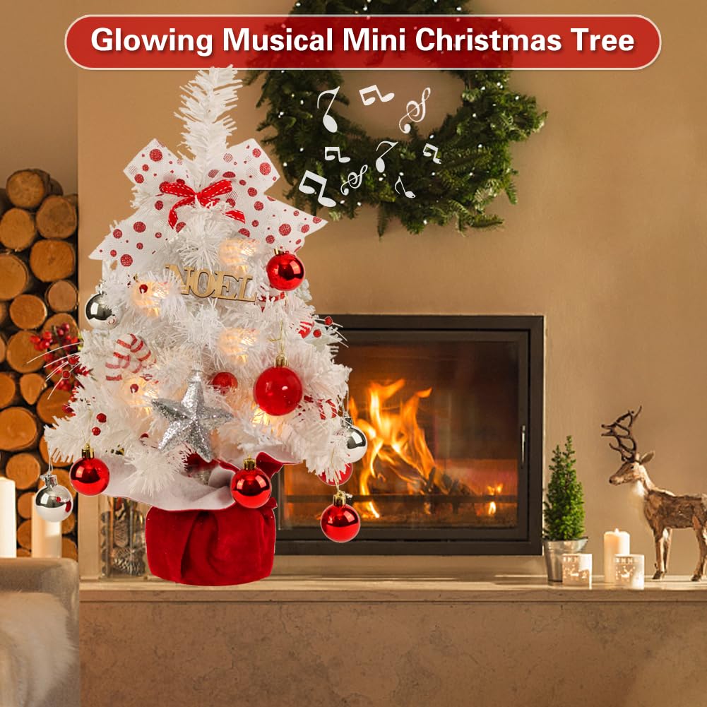 Mini White Christmas Tree, Tabletop Small Flocked Tree with Lights, Music & Ornaments - Indoor/Outdoor