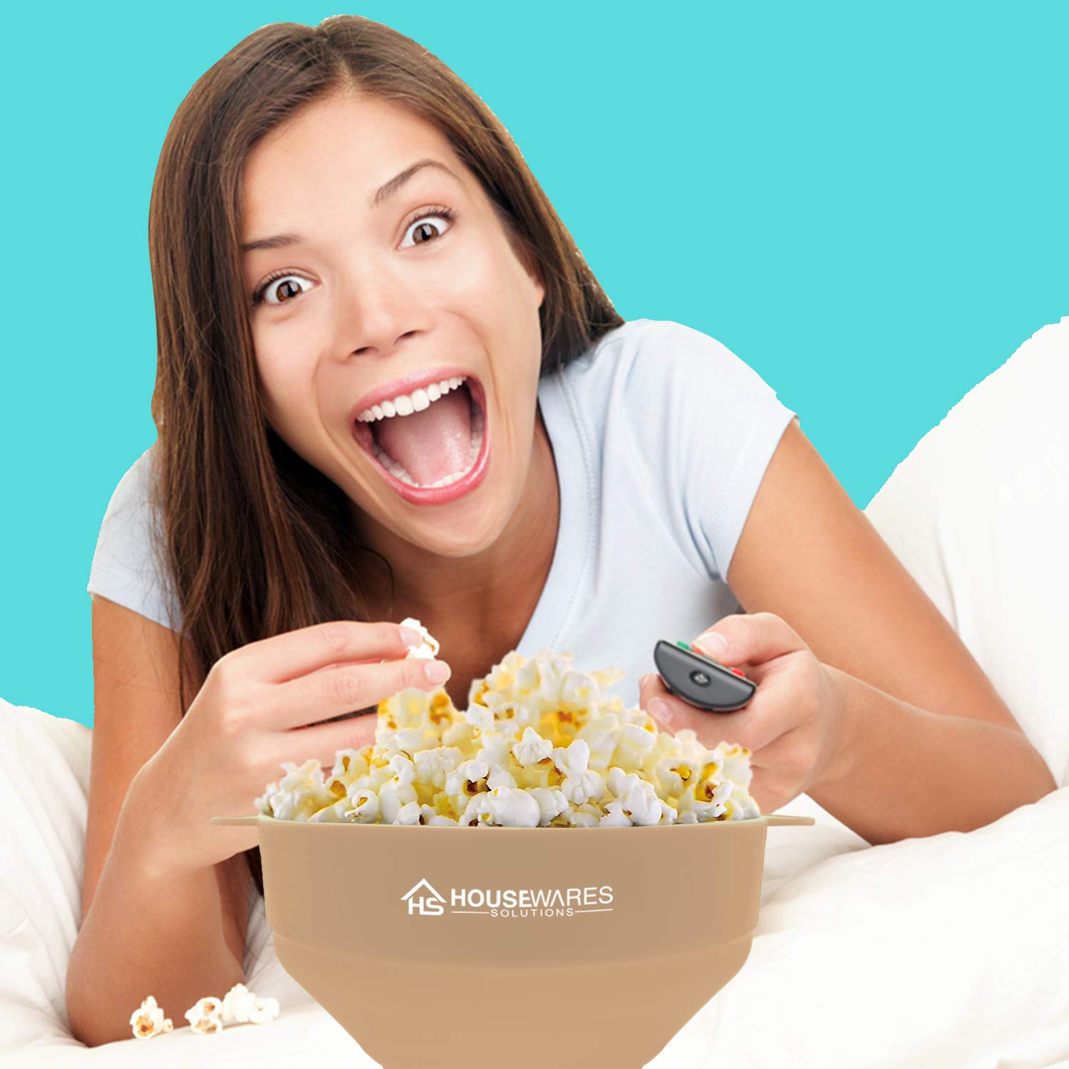 Collapsible Silicone Microwave Hot Air Popcorn Popper Bowl With Lid And Handles (Tan)