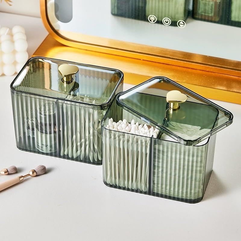Wiwiuxy Qtips Holder Bathroom Container,3-Section Cotton Ball/Swabs Dispenser,3 Grids Apothecary Jar Organizer, Cosmetics Storag