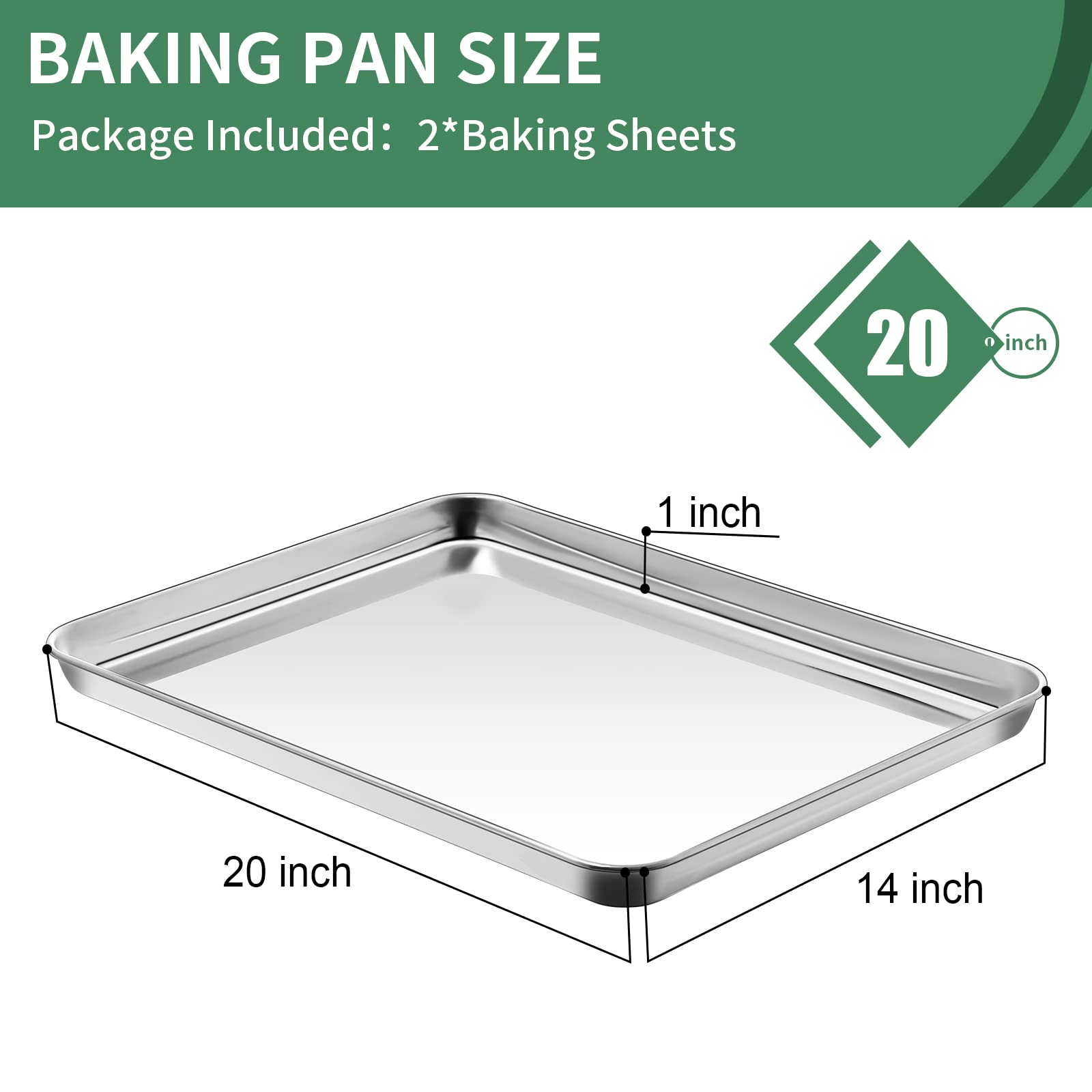 Baking Sheets Set Of 2, Hkj Chef Cookie Sheets 2 Pieces Stainless Steel Baking Pans & Toaster Oven Tray Pans, Rectangle Size 20L