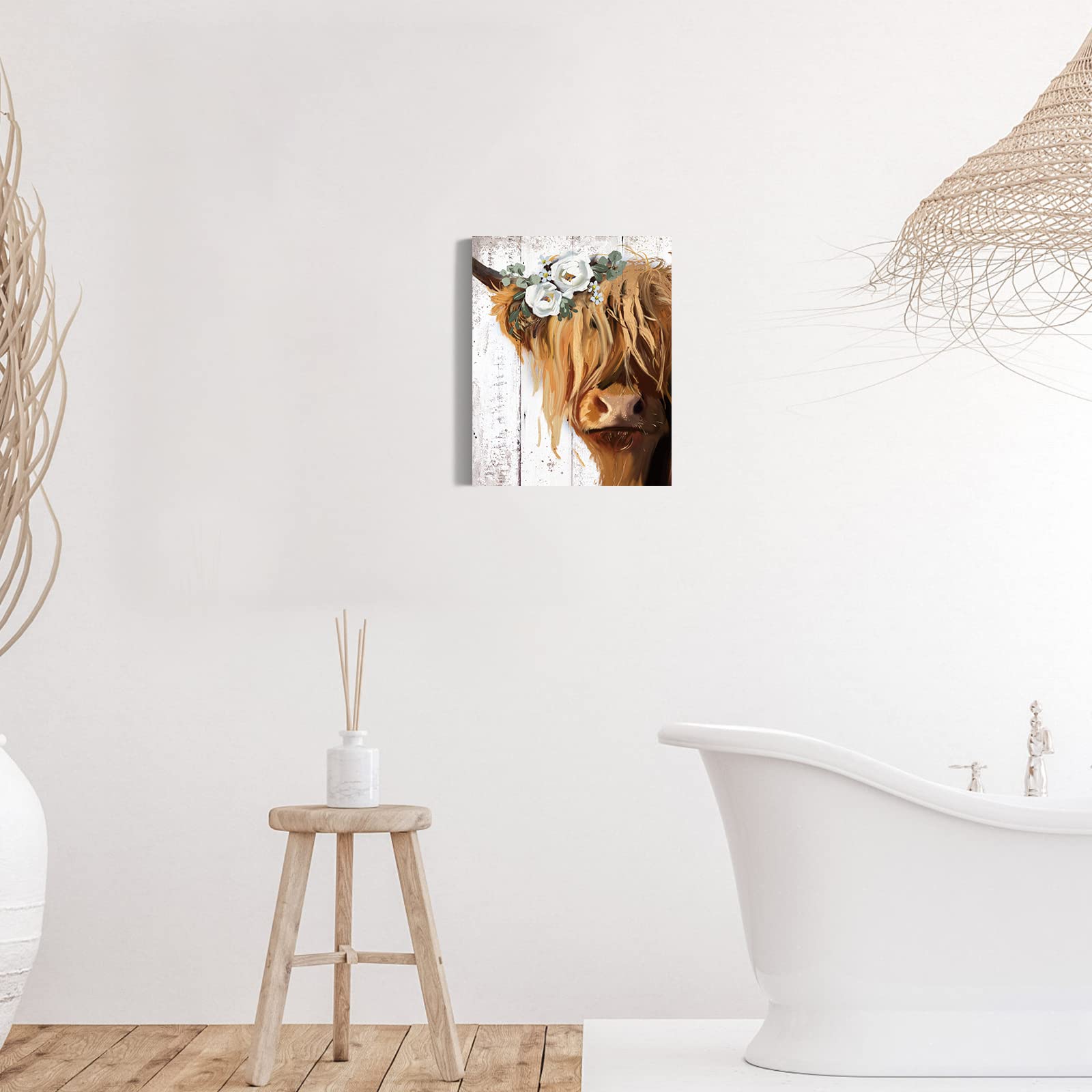 Highland Cow Canvas Wall Art: Cow With White Flower Picture Farmhouse Cow Decor Framed Poster For Bedroom Living Room Home Offic