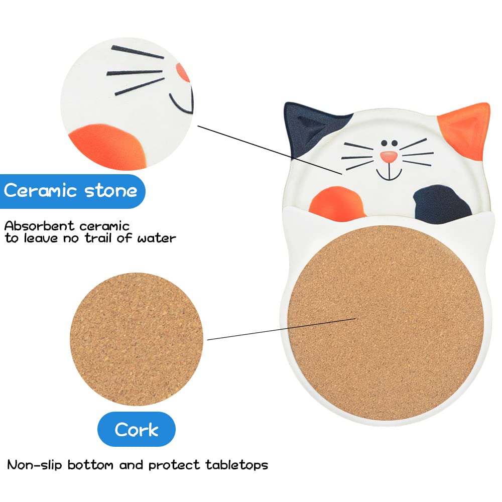 Funny Coasters For Drinks Absorbent, Cat Shaped Ceramic Coasters Set Of 4, Unique Gift Ideas For Cat Lovers, Bar Dining Table De