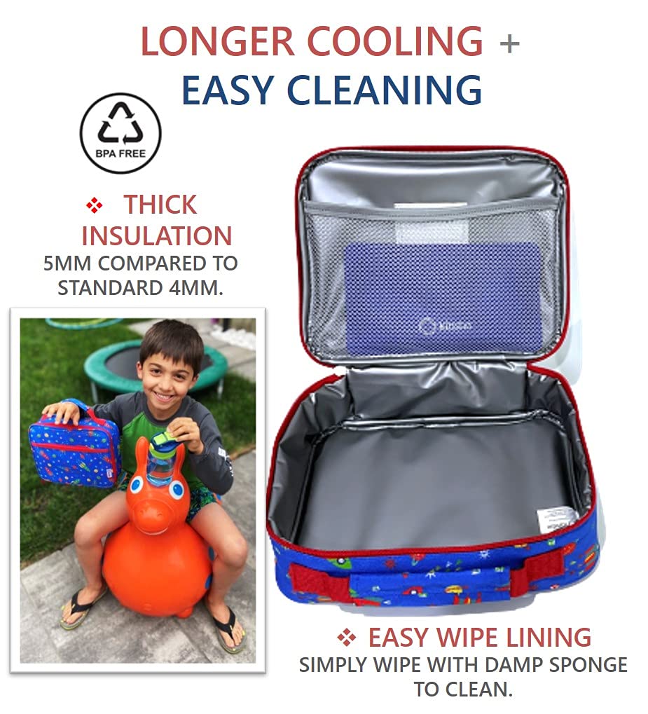 kinsho Lunch Box with Water Bottle and Ice Pack Set  Kids Lunch-Bag Set for Toddler Daycare or School  Boys Container for Lunches  Blue Space Rocket