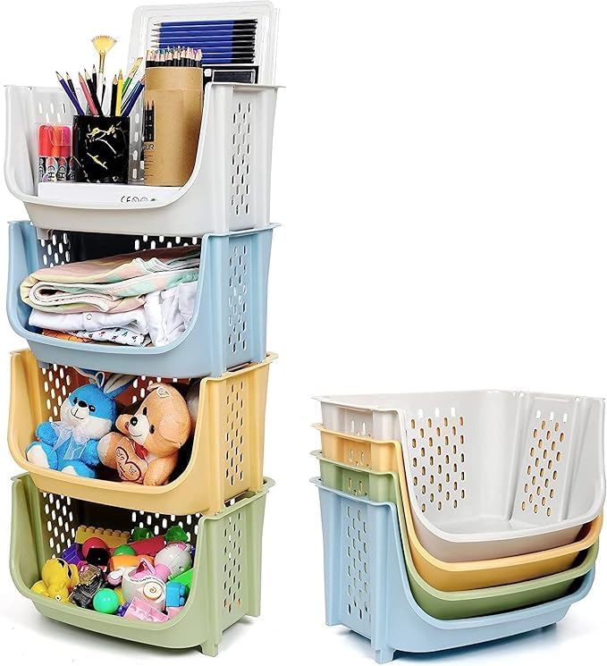 Juiciq MultiPurpose Plastic Storage Baskets  Stackable Ventilated Organizer Bins For Kitchen, Toys, Pantry & Bathroom