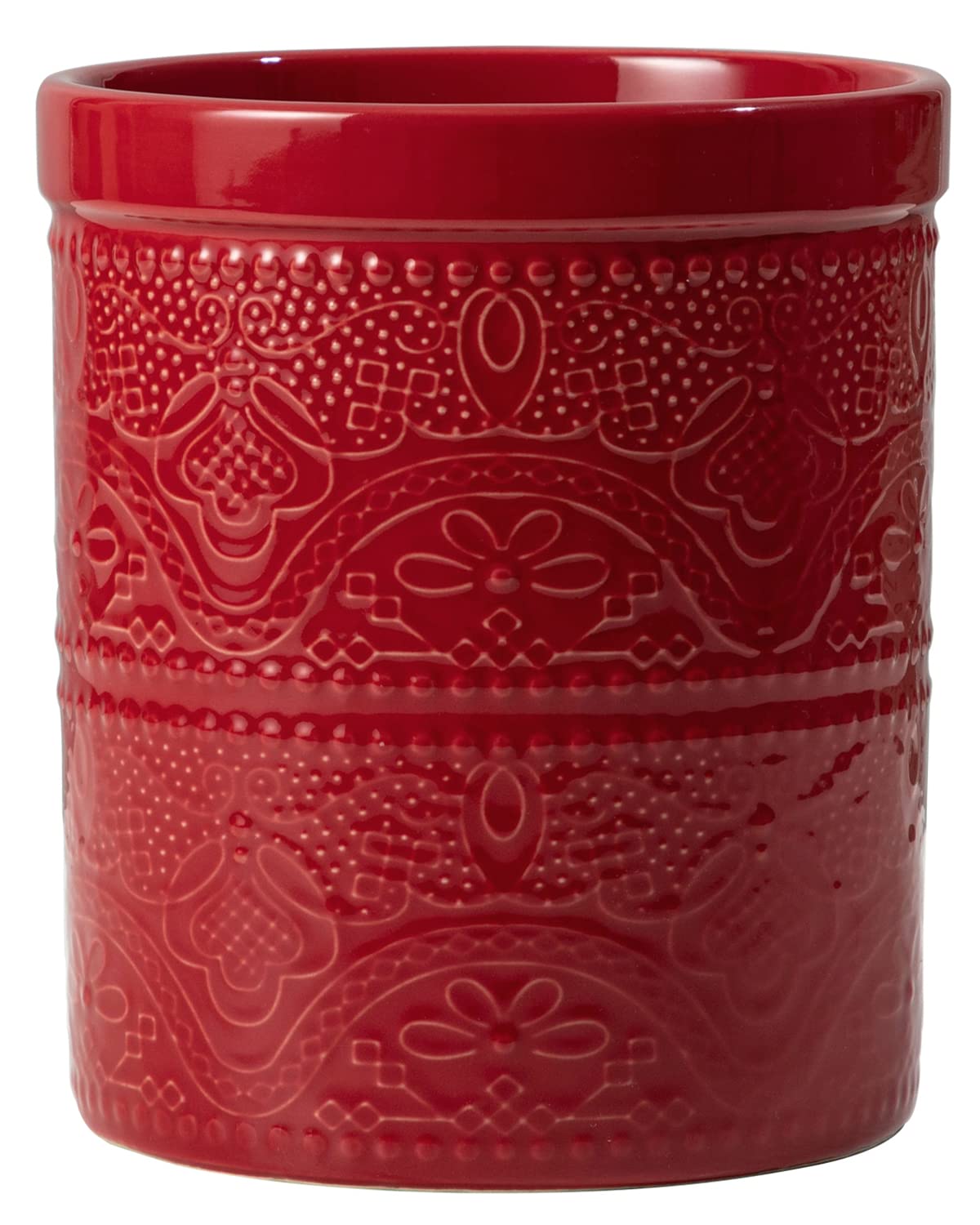Fun Elements Kitchen Utensil Holder, 7.2'' Super Large Utensil Crock Heavy And Stable Lace Emboss Ceramic Utensil Holder For Kit