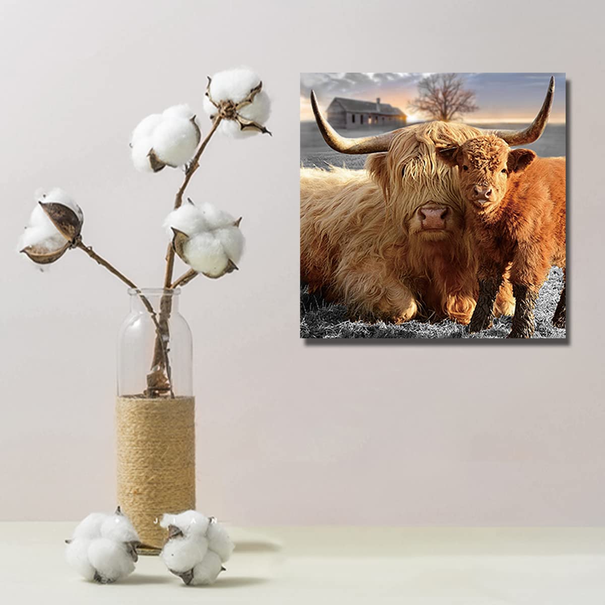 Highland Cow Canvas Wall Art Animal Print Pictures Highland Fluffy Cattle Photo Framed Farmhouse Painting 12X12 Inches For Home
