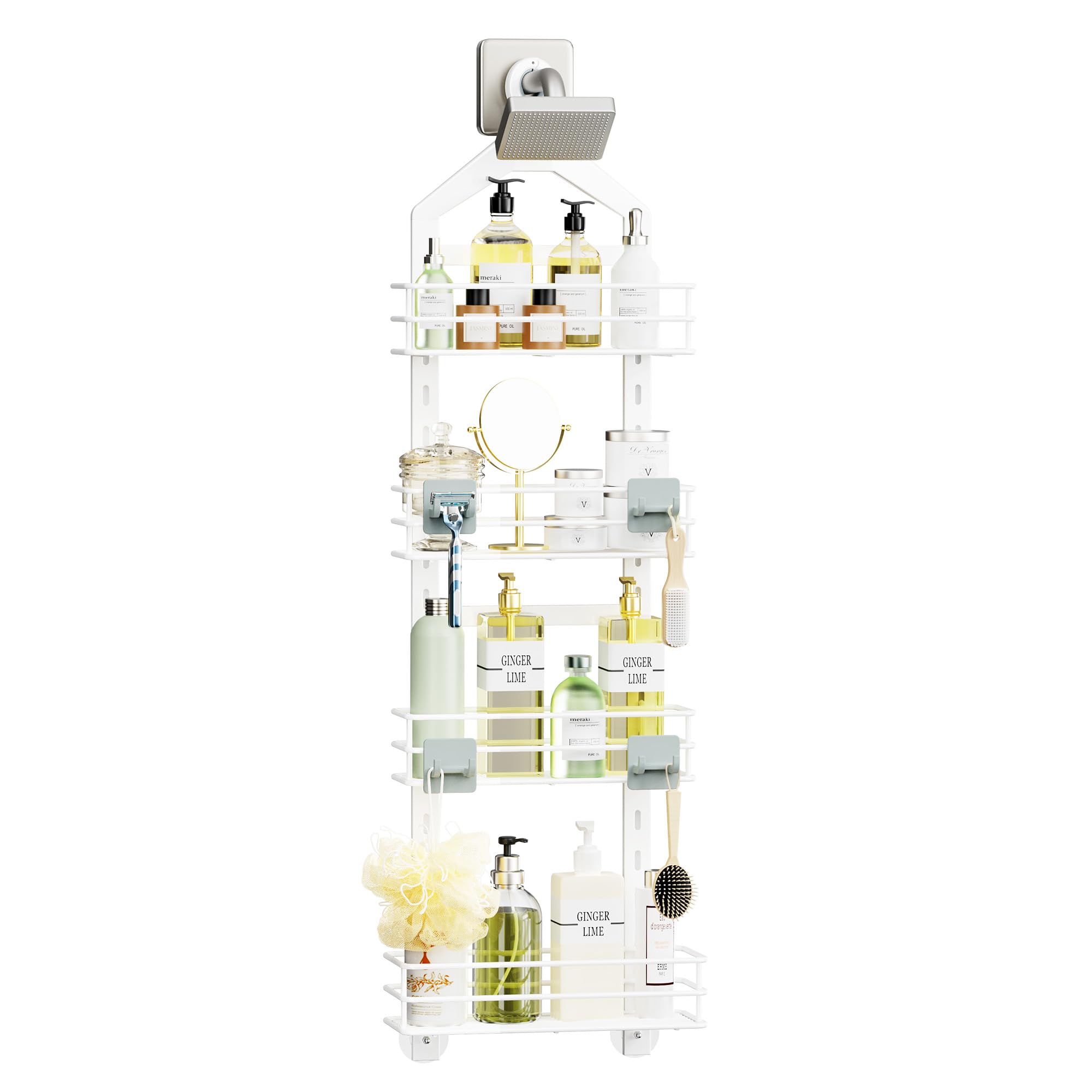Orimade 4 Tier Adjustable Anti-slip Shower Caddy Over Shower Head, Rustproof Bathroom Hanging Organizer With 4 Hooks for Razor, 