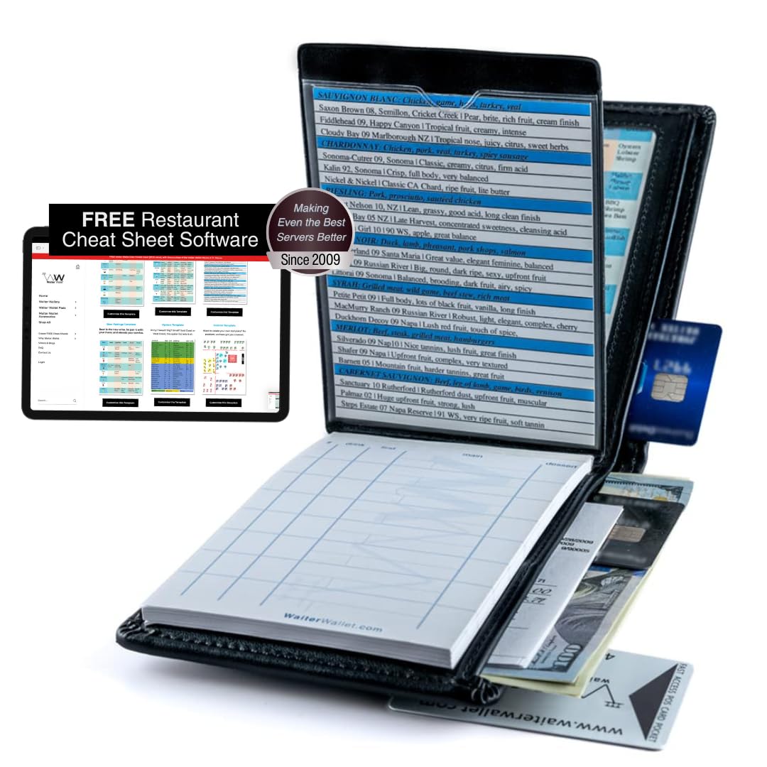 Waiter Wallet Deluxe Server Book Organizer with Clear Pocket Insert and Restaurant Guest Order Pad  Medium Size fits Apron Pockets  4.75'' x 6.75''