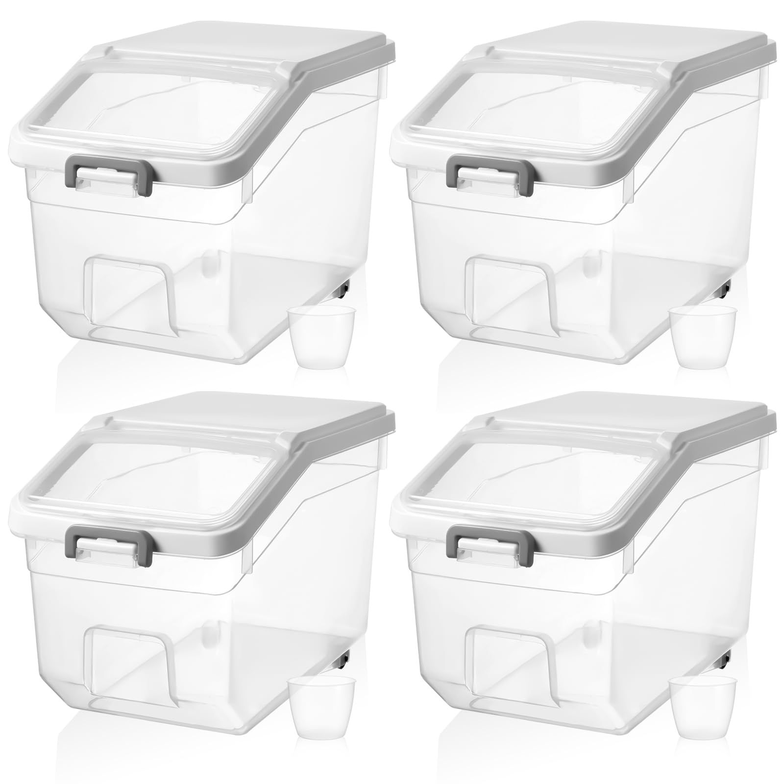 Sunnyray 4 Pcs Rice Storage Container 28 lb Airtight Flour Container with Wheels Measuring Cup Clear Pet Food Cube Dog Birds Cat
