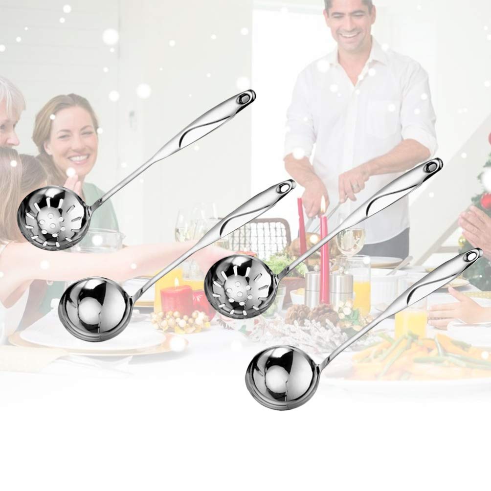 4 Pcs Slotted Spoon And Soup Ladle, Hot Pot Spoon Ladle, Stainless Steel Flatware Serving Utensils, Long Handle Cooking Ladle Fo