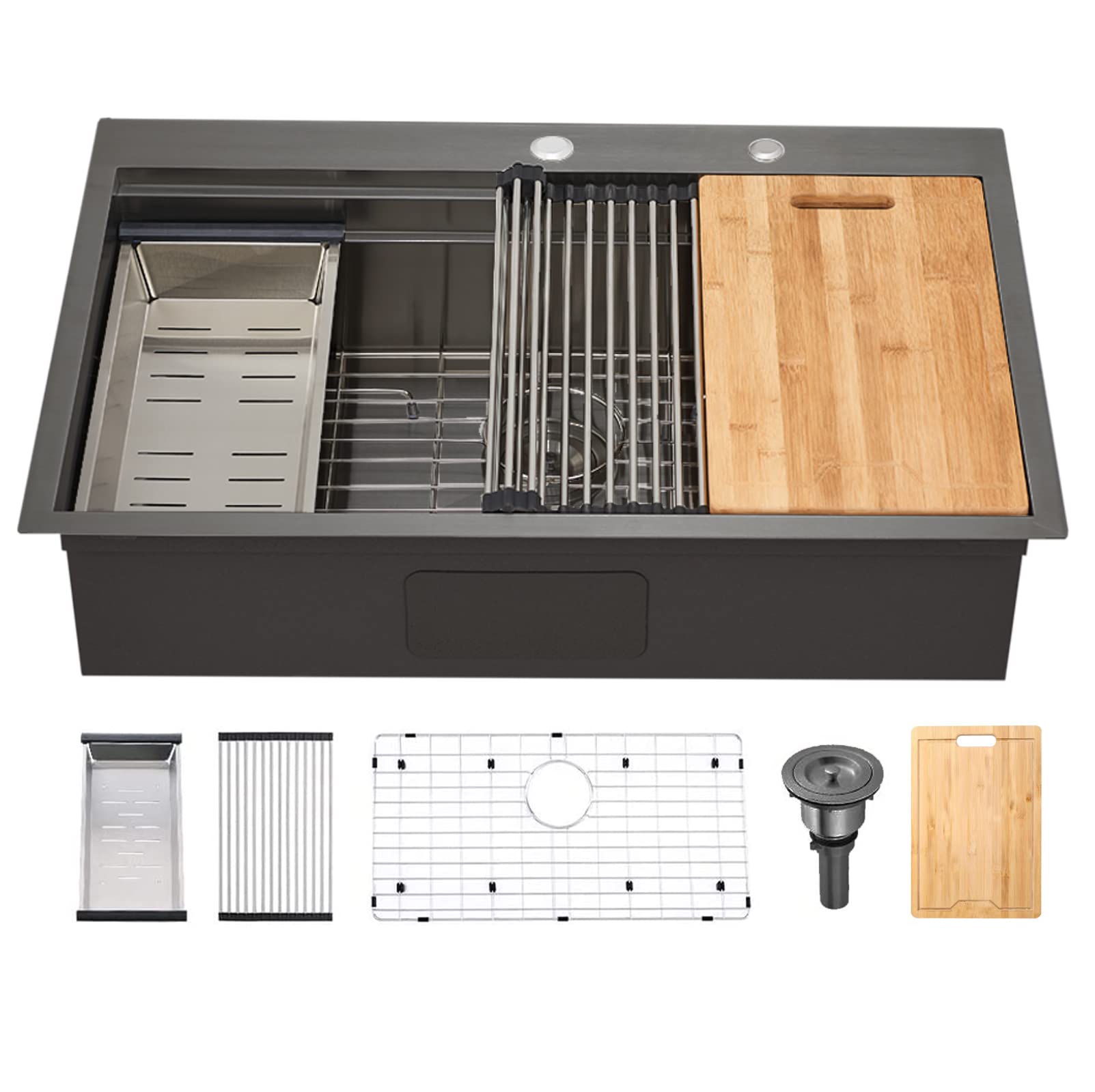 Shaco 33X22 Black Drop In Kitchen Sink, 33 Inch Gunmetal Black Stainless Steel Top Mount Kitchen Sink, Single Bowl Overmount Dou