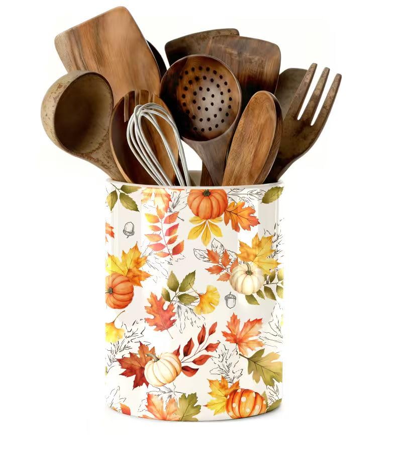 ARTDMT Fall Leaves Kitchen Utensil Holder,Autumn Pumpkin Ceramic Utensil Holder , Cooking Utensil Crocks for Kitchen Countertop,