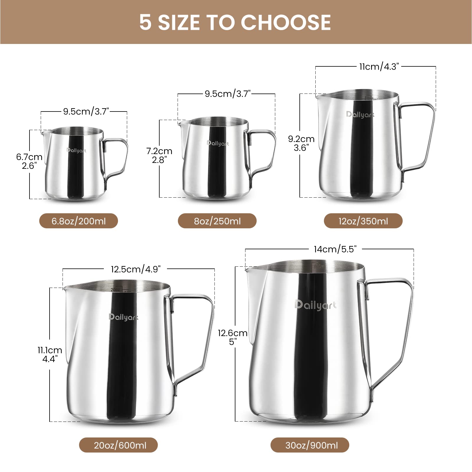Milk Frothing Pitcher, Dailyart 6.8Oz/200Ml Milk Frother Cup 304 Stainless Steel Steaming Pitcher With Internal Scale, Espresso