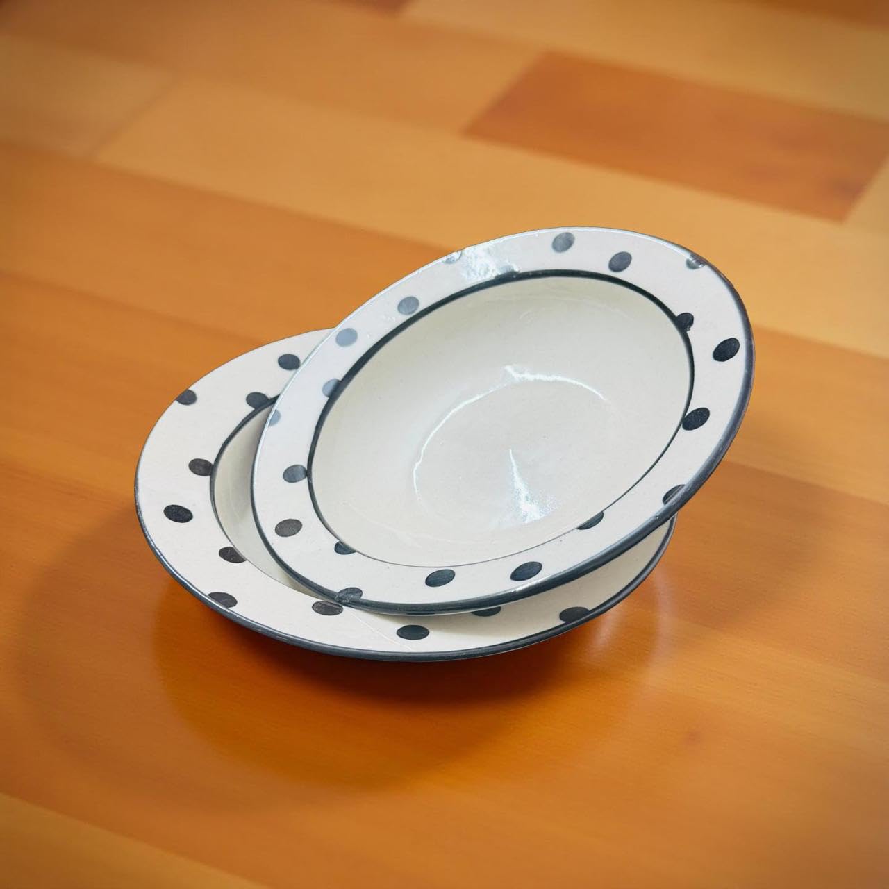 Lupaava Ceramic Pasta Plate | Soup Plate | Snack Plate | Size 7 Inch | Microwave Safe, Oven Safe (2, Black Dots)