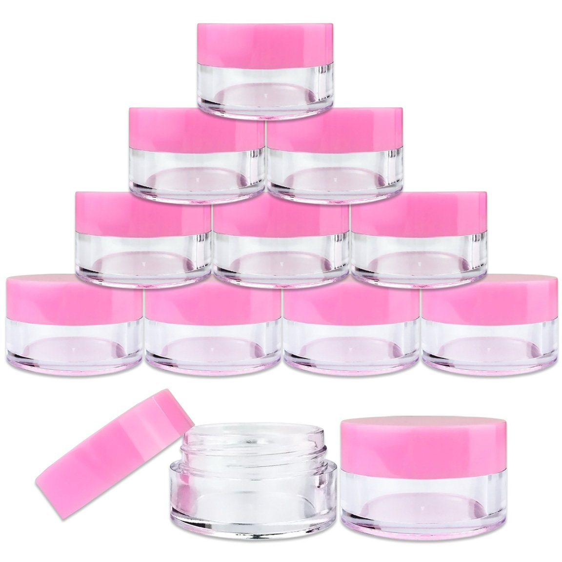 50 Jars - Beauticom High-Graded 5 Grams/5 Ml Bpa Free Thick Clear Acrylic 100% No Leak Plastic Jars Empty Container Pink Lid For
