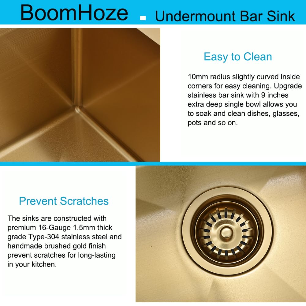 Boomhoze Gold Bar Sink, 15 X 17 Inch Kitchen Sink Undermount Small Bar Sink 16 Guage Stainless Steel Gold Sink Wet Bar Sink Rv S