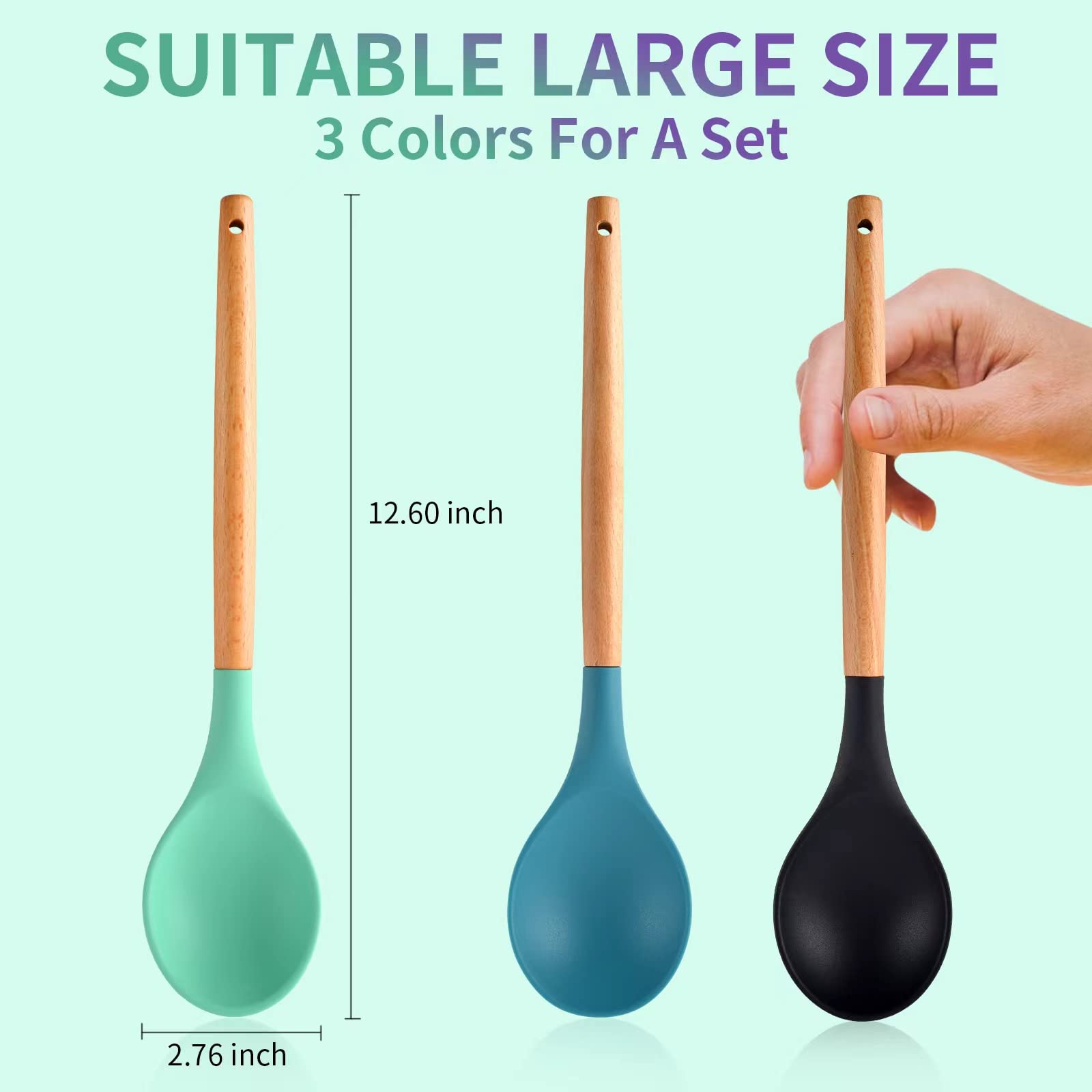 3 Pcs Large Silicone Spoon Wooden Handle Wood Handle Mixing Spoons Silicone Mixing Spoon For Cooking Baking Stirring Silicone Sp